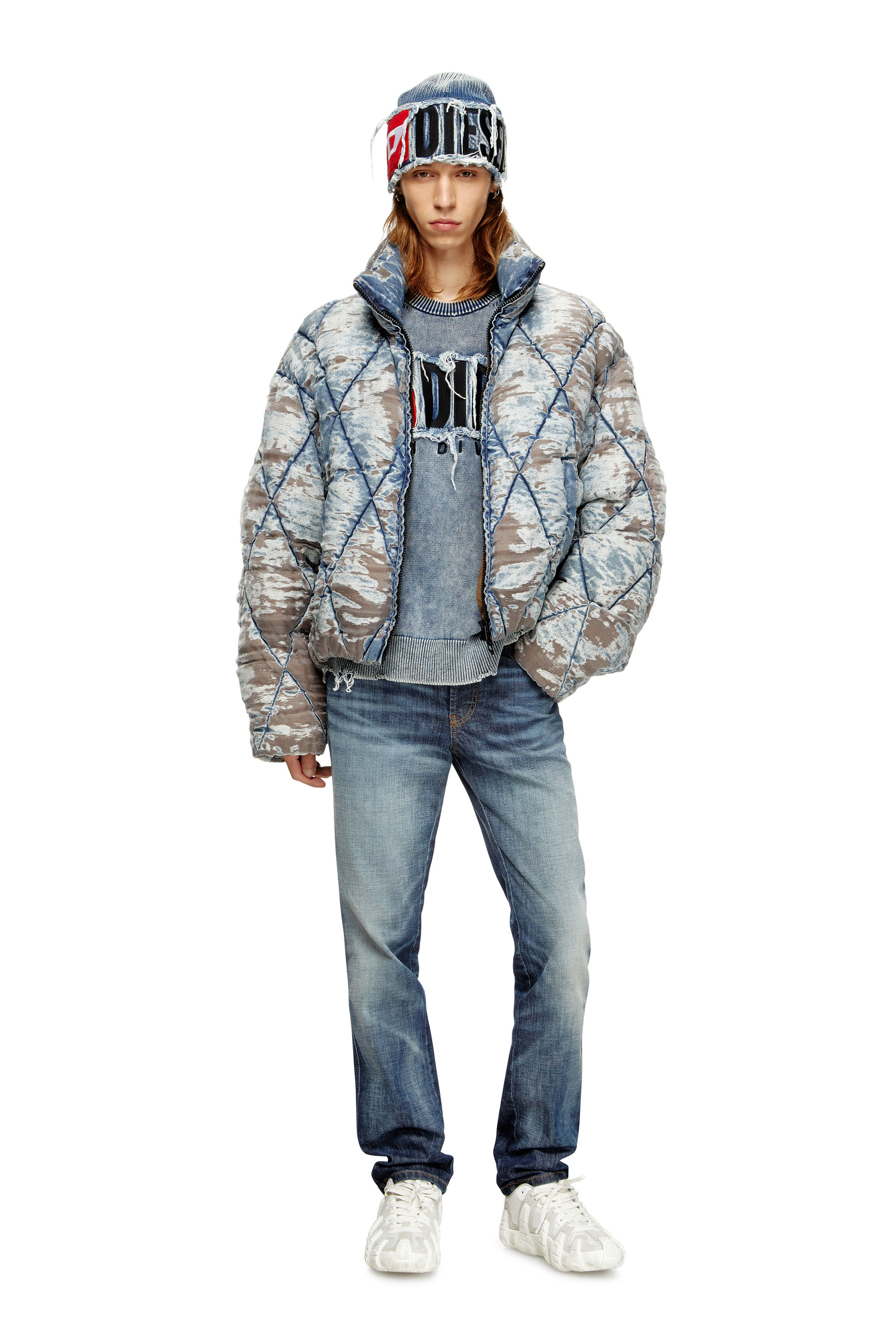 Diesel - W-KONS, Male's Padded jacket in argyle-quilted devoré denim in null - 2