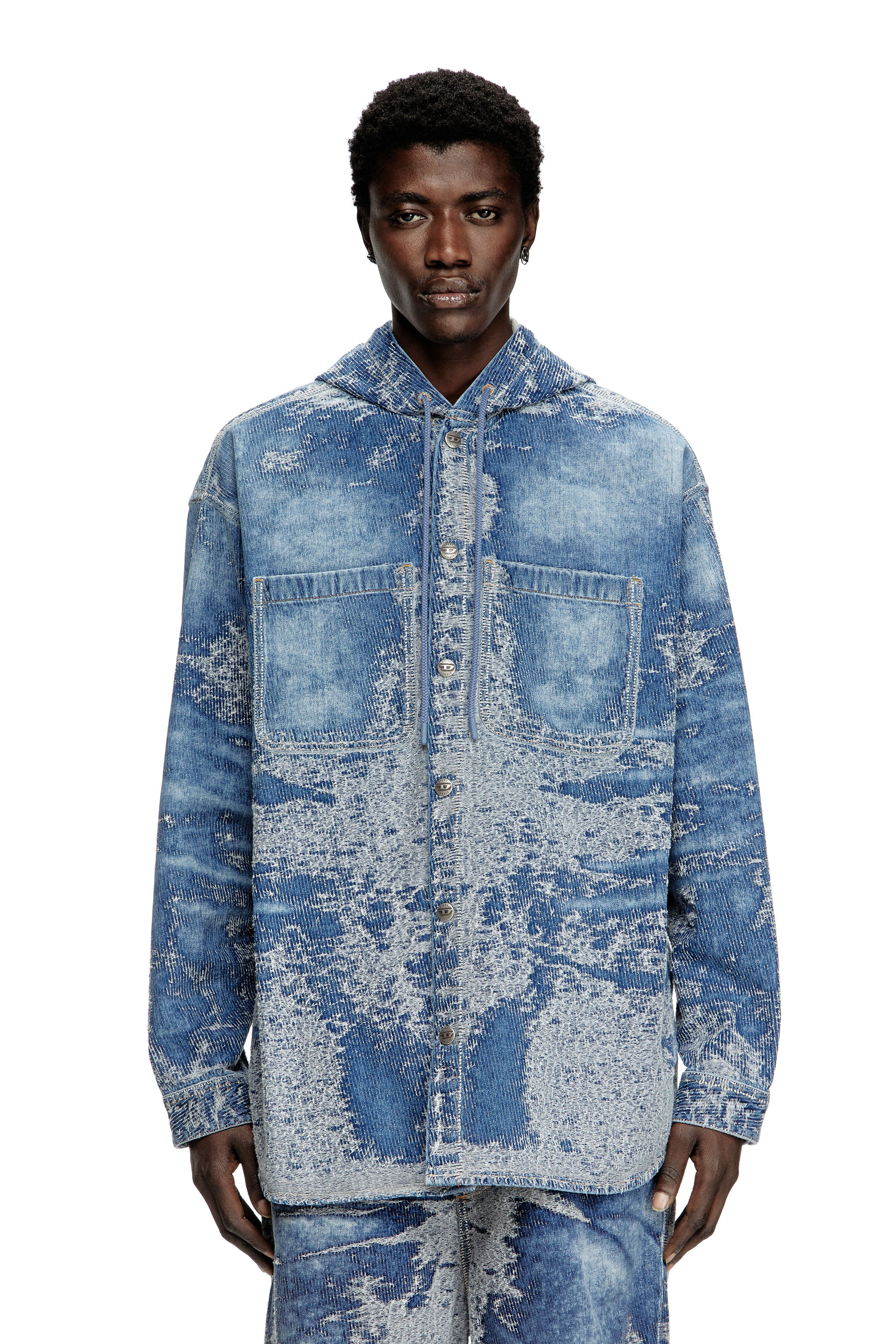 Diesel - D-DEWNYS-HOOD-S, Male's Overshirt in distressed jacquard denim in Medium Blue - 4