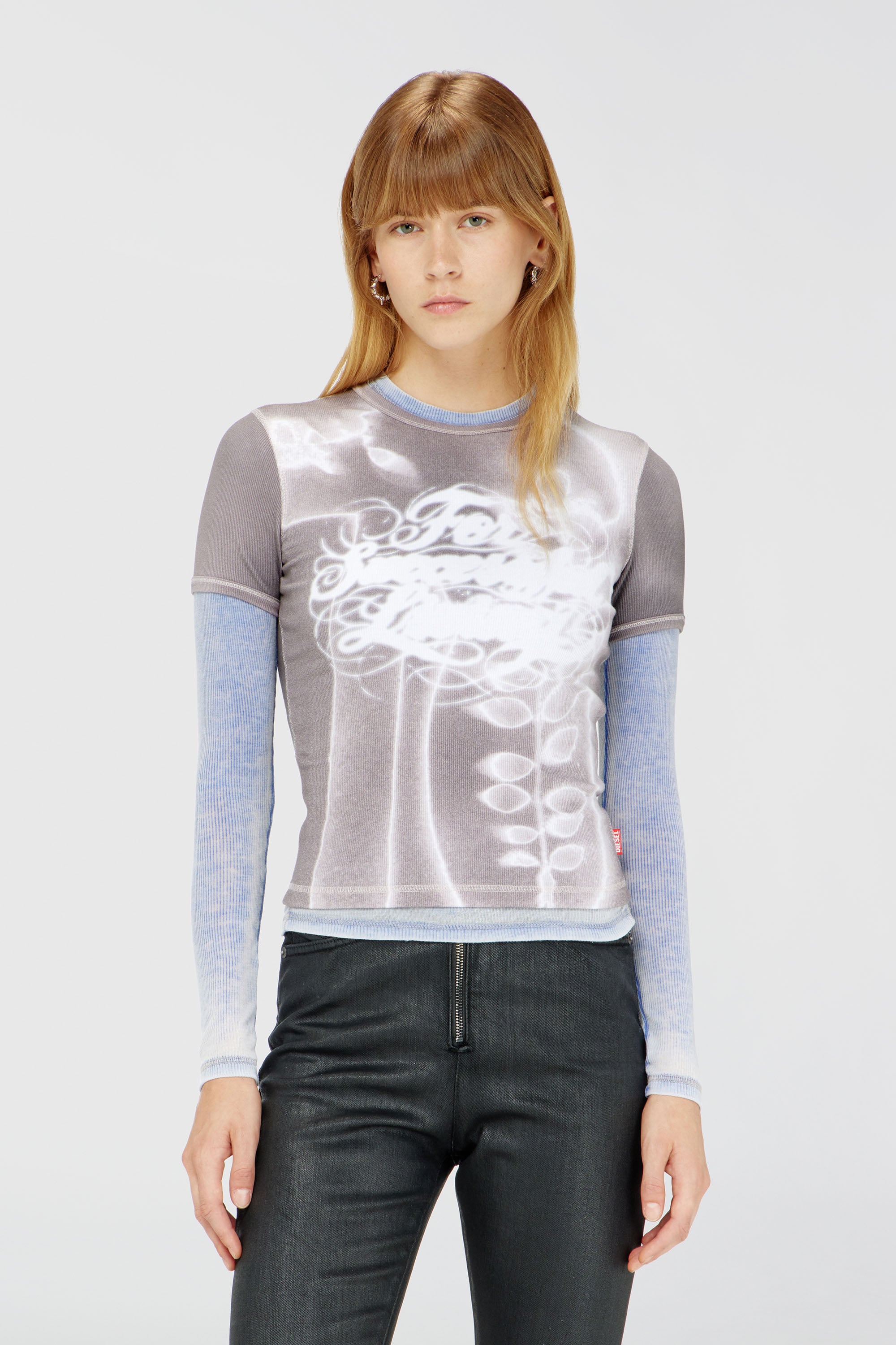 Diesel - T-ELE-LONG-AA4, Woman's Top in ribbed jersey with graphic print in Grey - 1