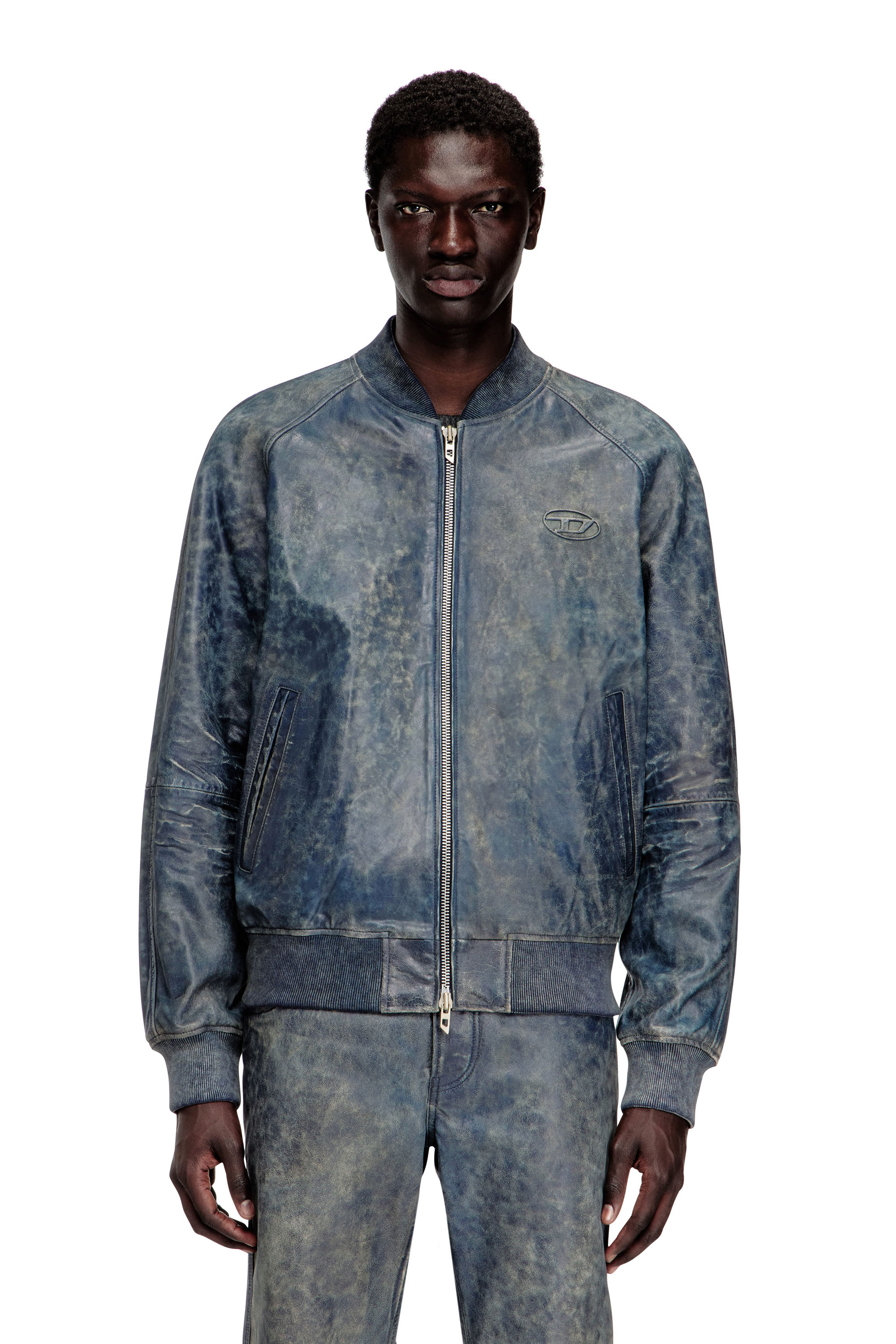 Diesel - L-COBB, Chaqueta bomber de cuero tratado Hombre in Azul marino - 1