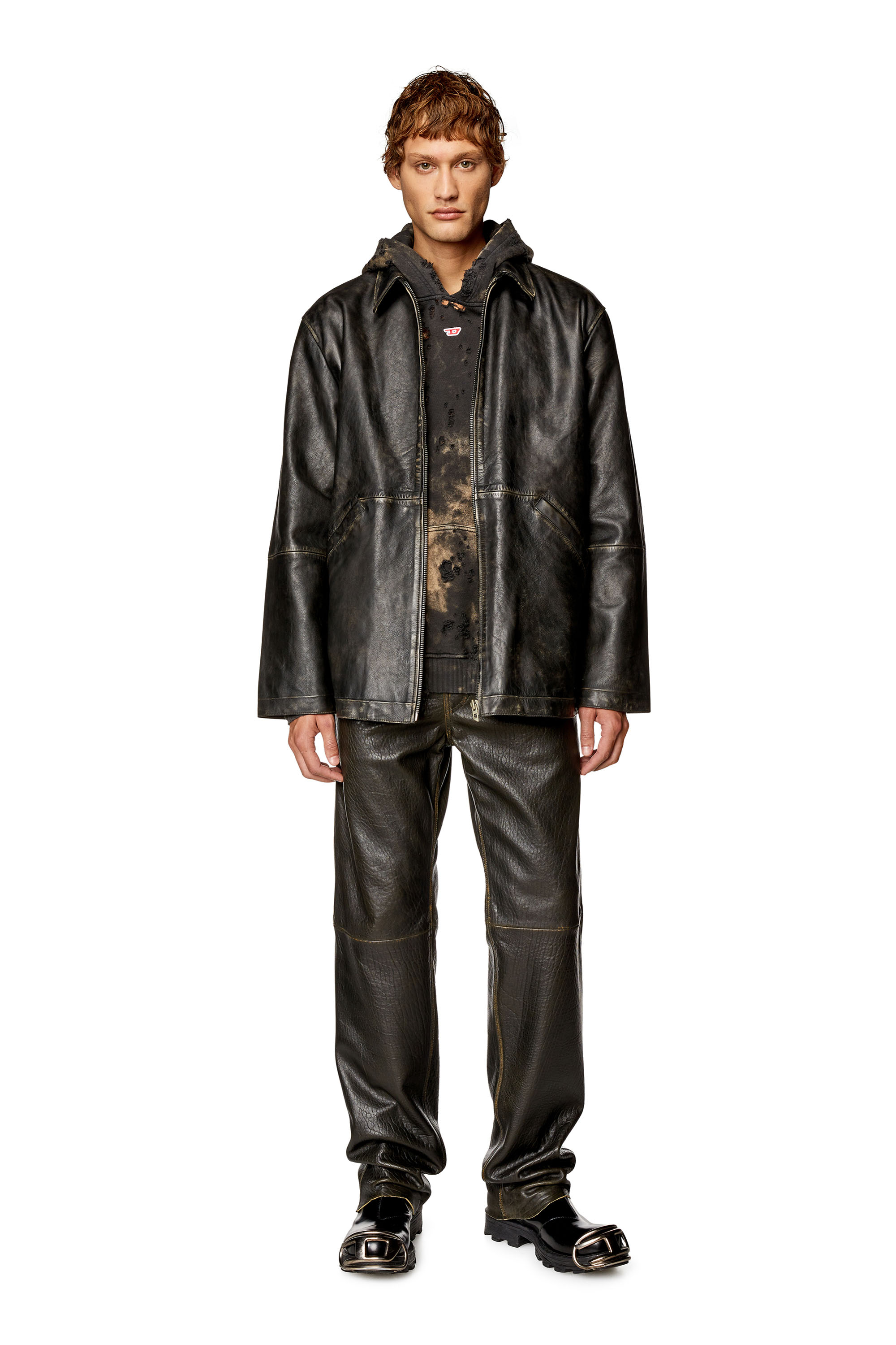 Diesel - L-STOLLER-TREAT, Man's Treated leather jacket with raw edges in Black - 2