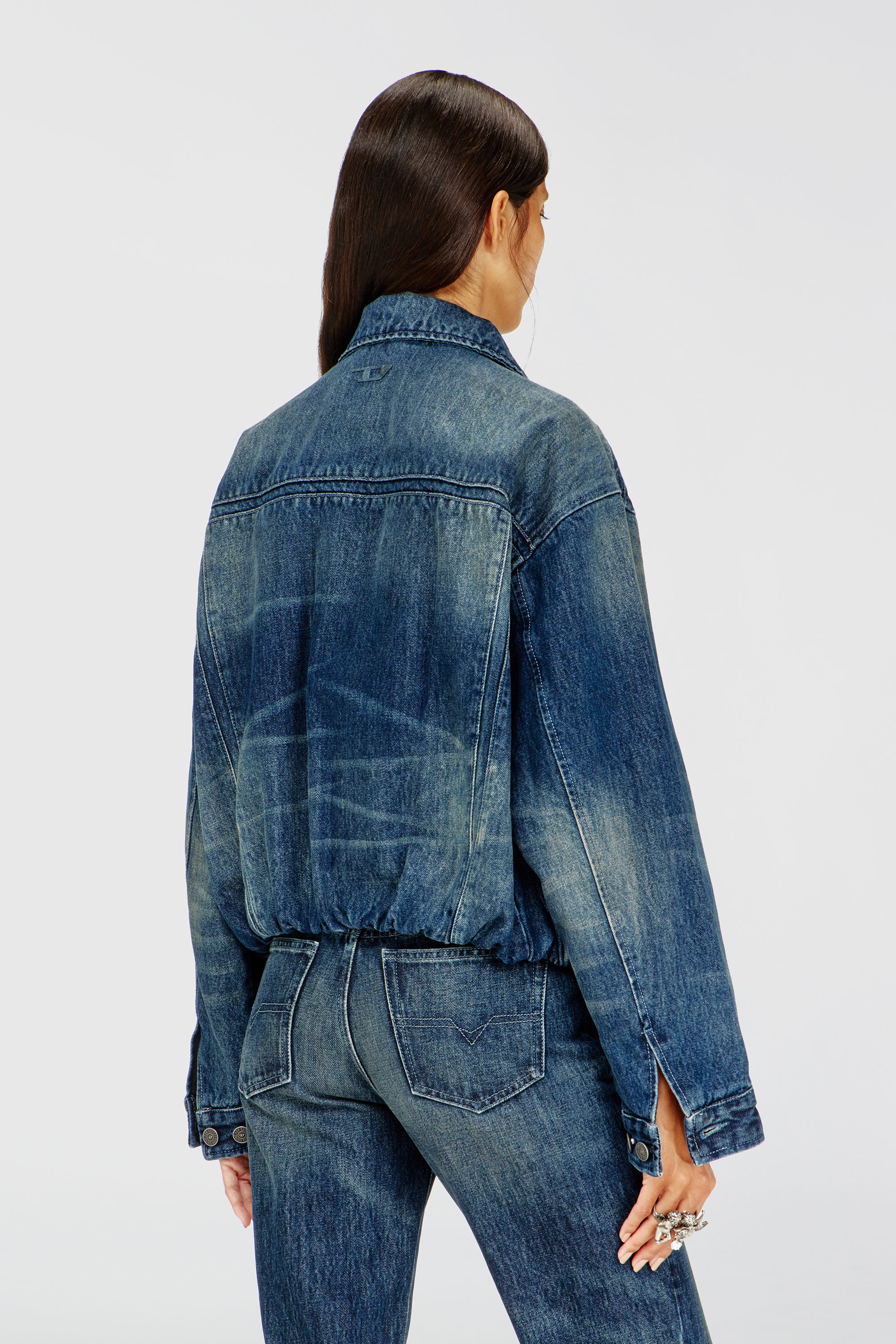 Diesel - DE-MORVI-FSJ, Woman's Elasticated trucker jacket in denim in Dark Blue - 5