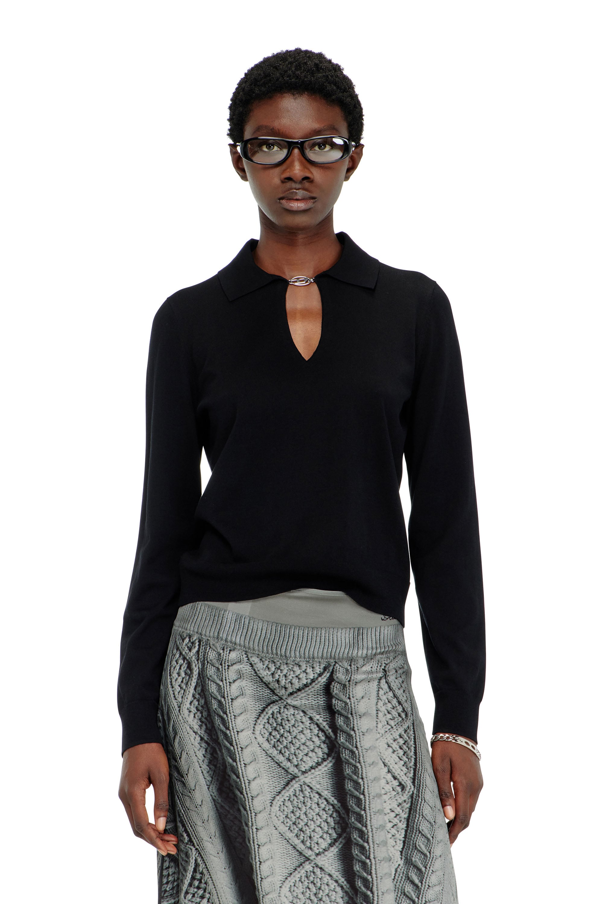 Diesel - M-LILLI, Jersey tipo polo de mezcla de seda con placa Oval D Mujer in Negro - 3