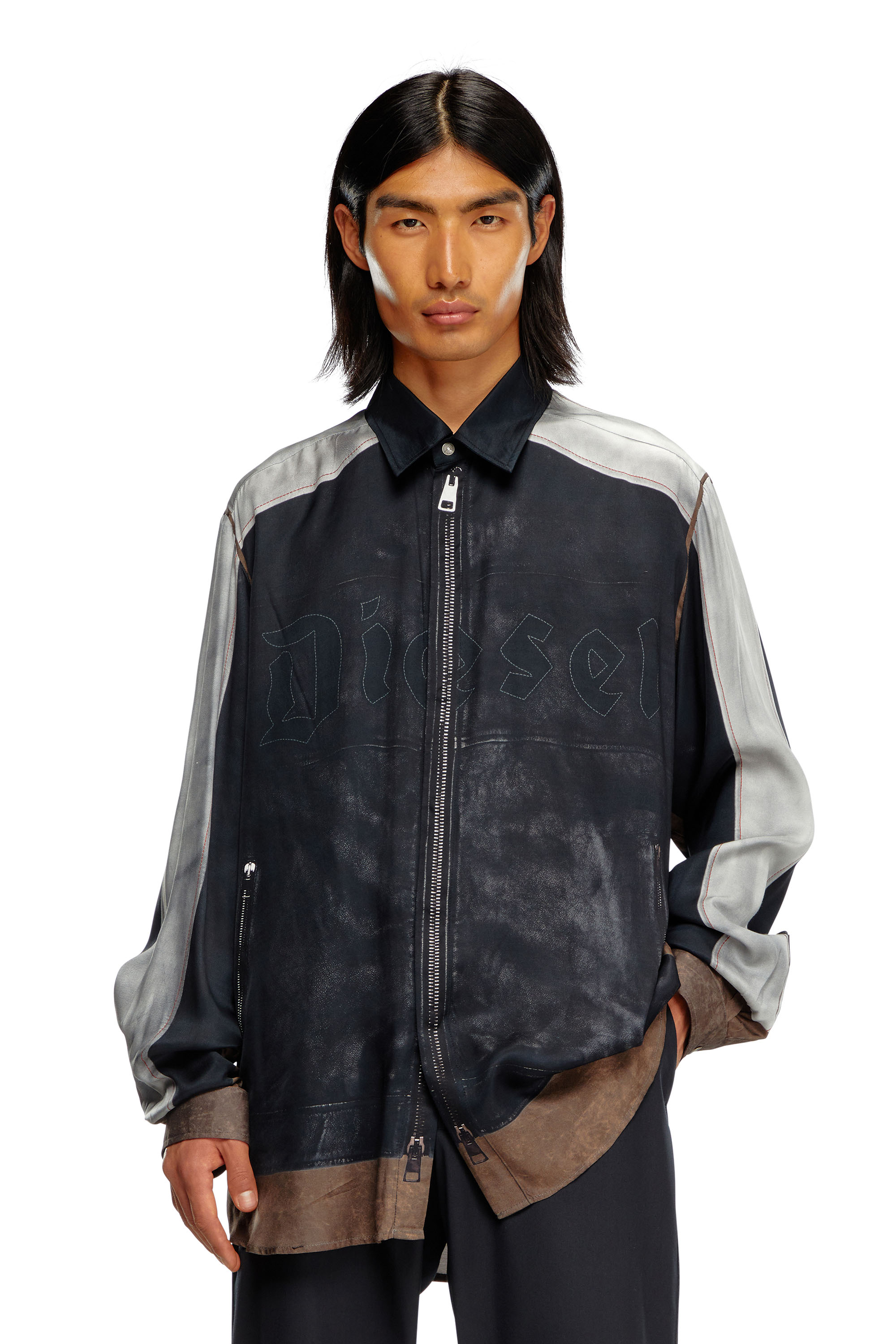 Diesel - S-AFTER, Male's Shirt with trompe l'oeil print in Black/Grey - 1