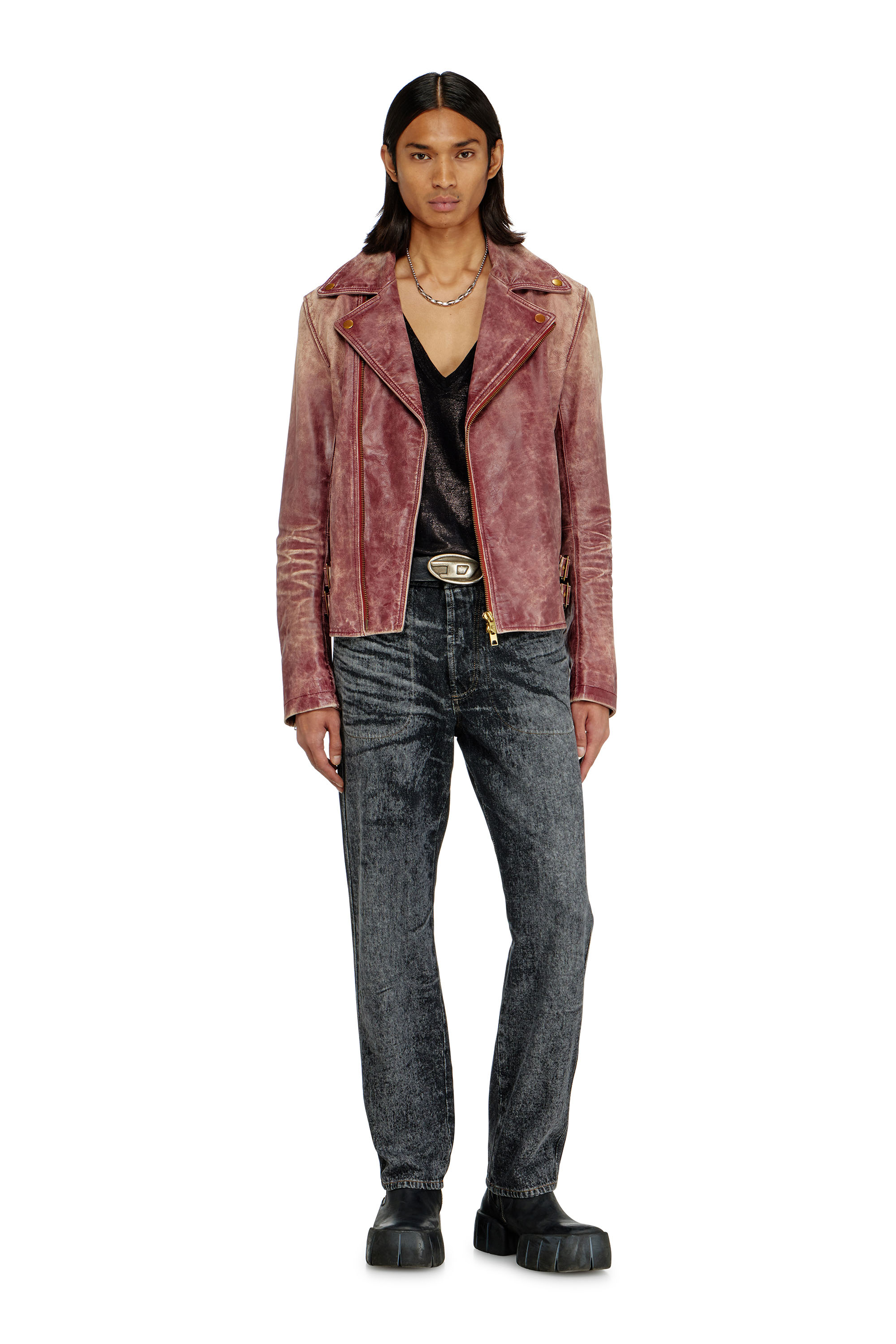 Diesel - L-EON-CJCM, Veste biker en cuir trait&eacute; Homme in Rouge - 2