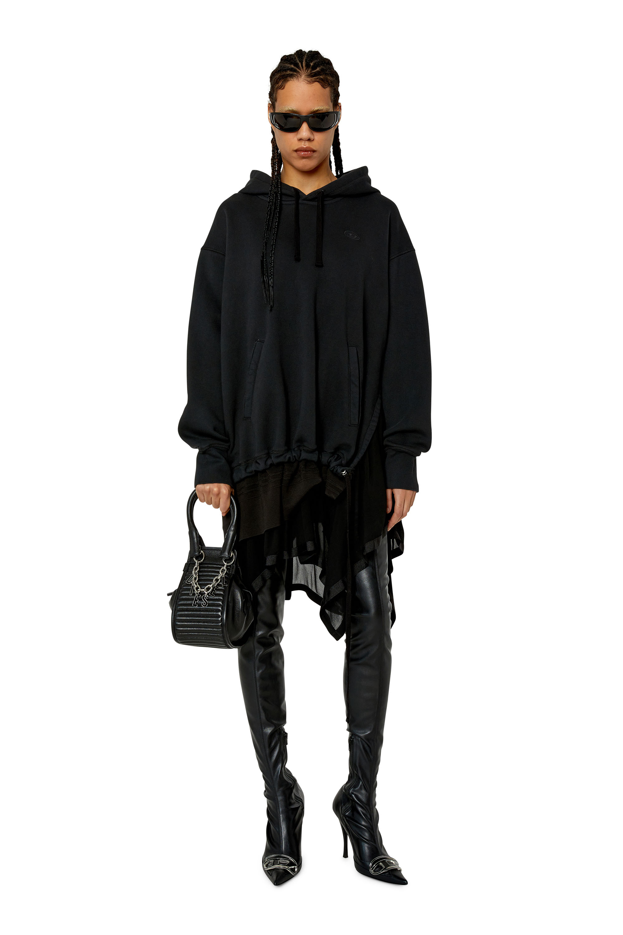 Diesel - D-ROLE, Woman's Hoodie dress with handkerchief hem in Black - 1