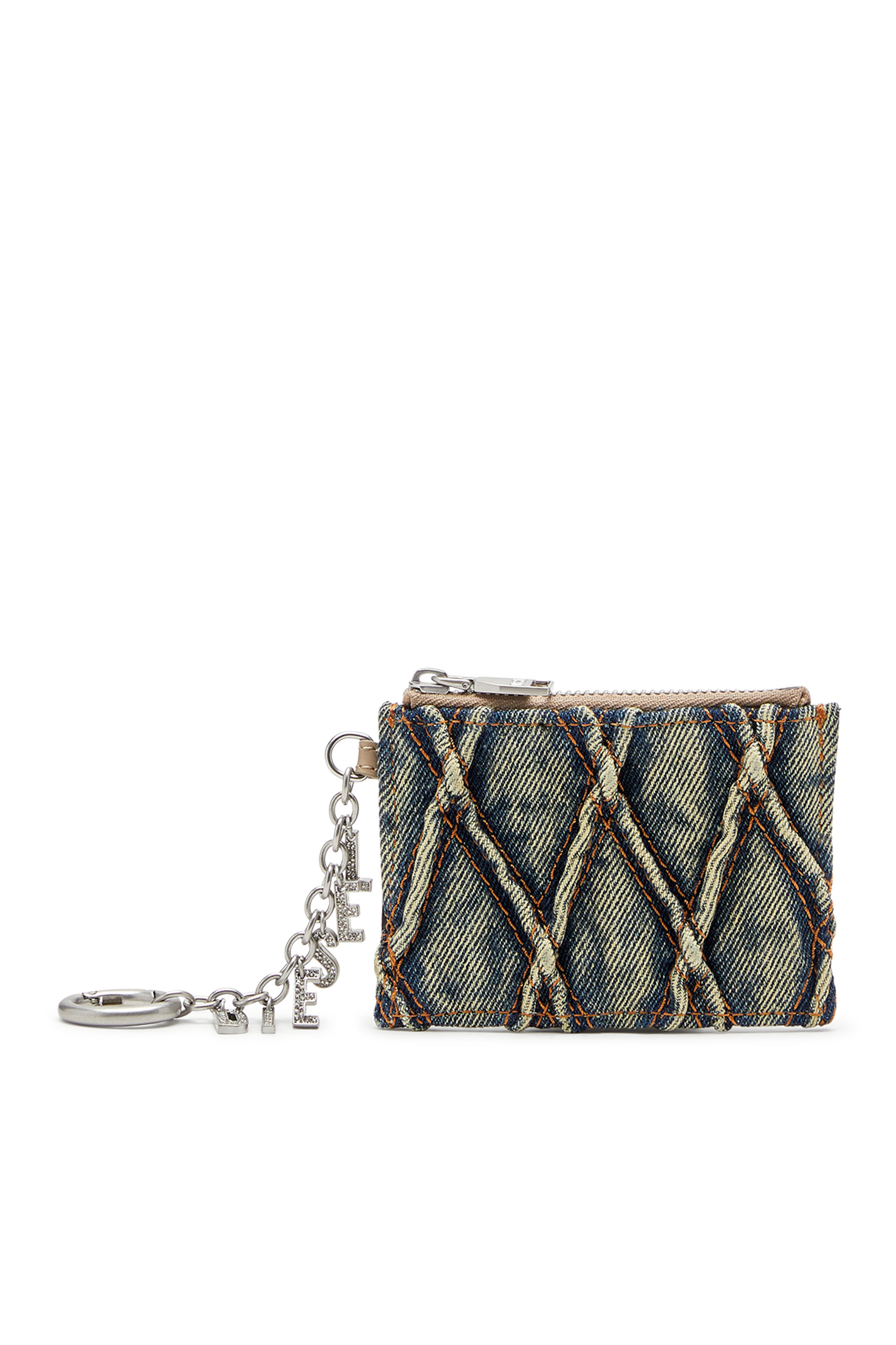 Diesel - CARD HOLDER WITH CHAIN, Porte-cartes en denim matelassé motif Argyle Femme in Bleu - 1