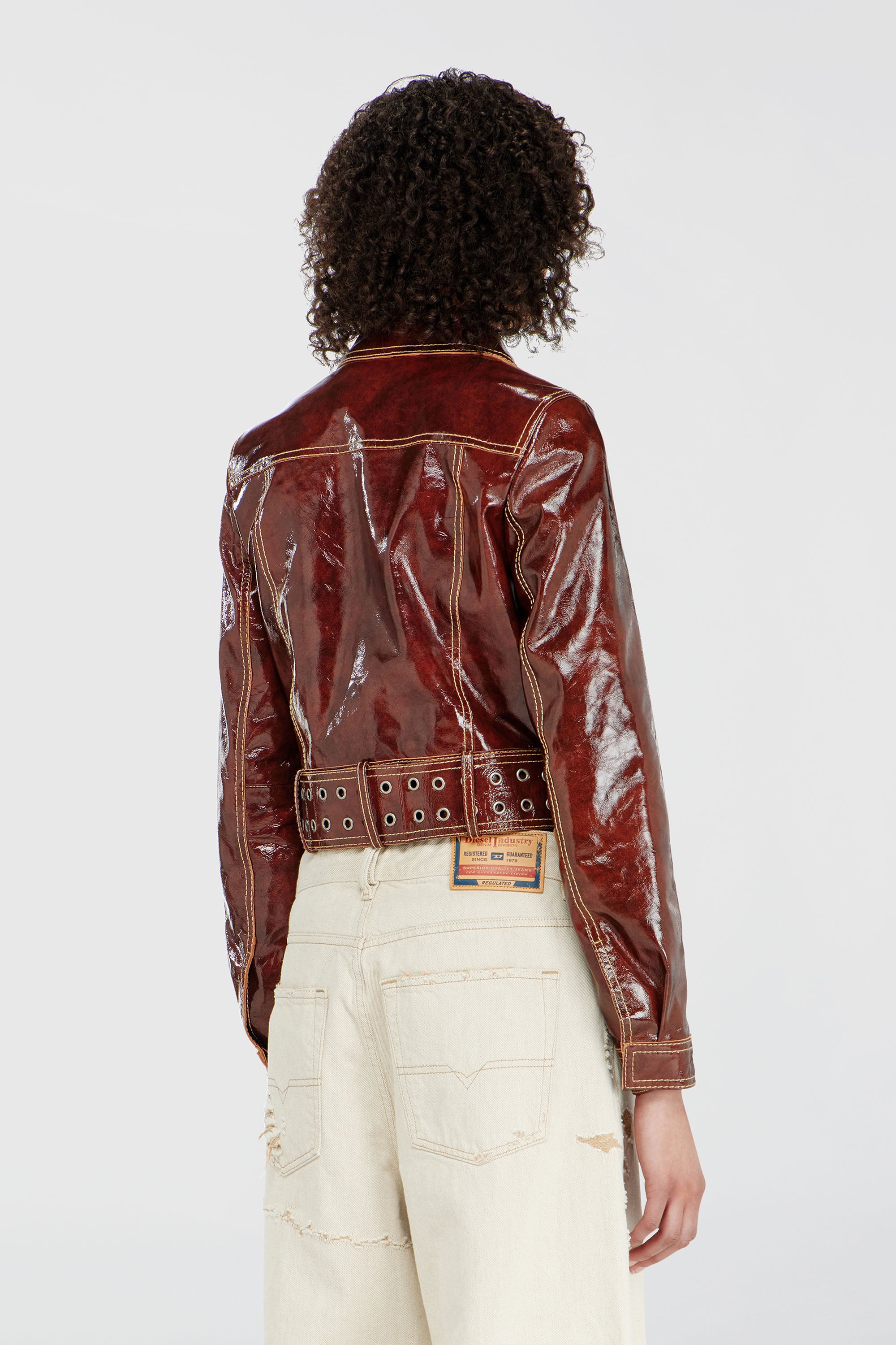 Diesel - L-EGEND, Woman's Patent-leather jacket with large belt in Brown - 5