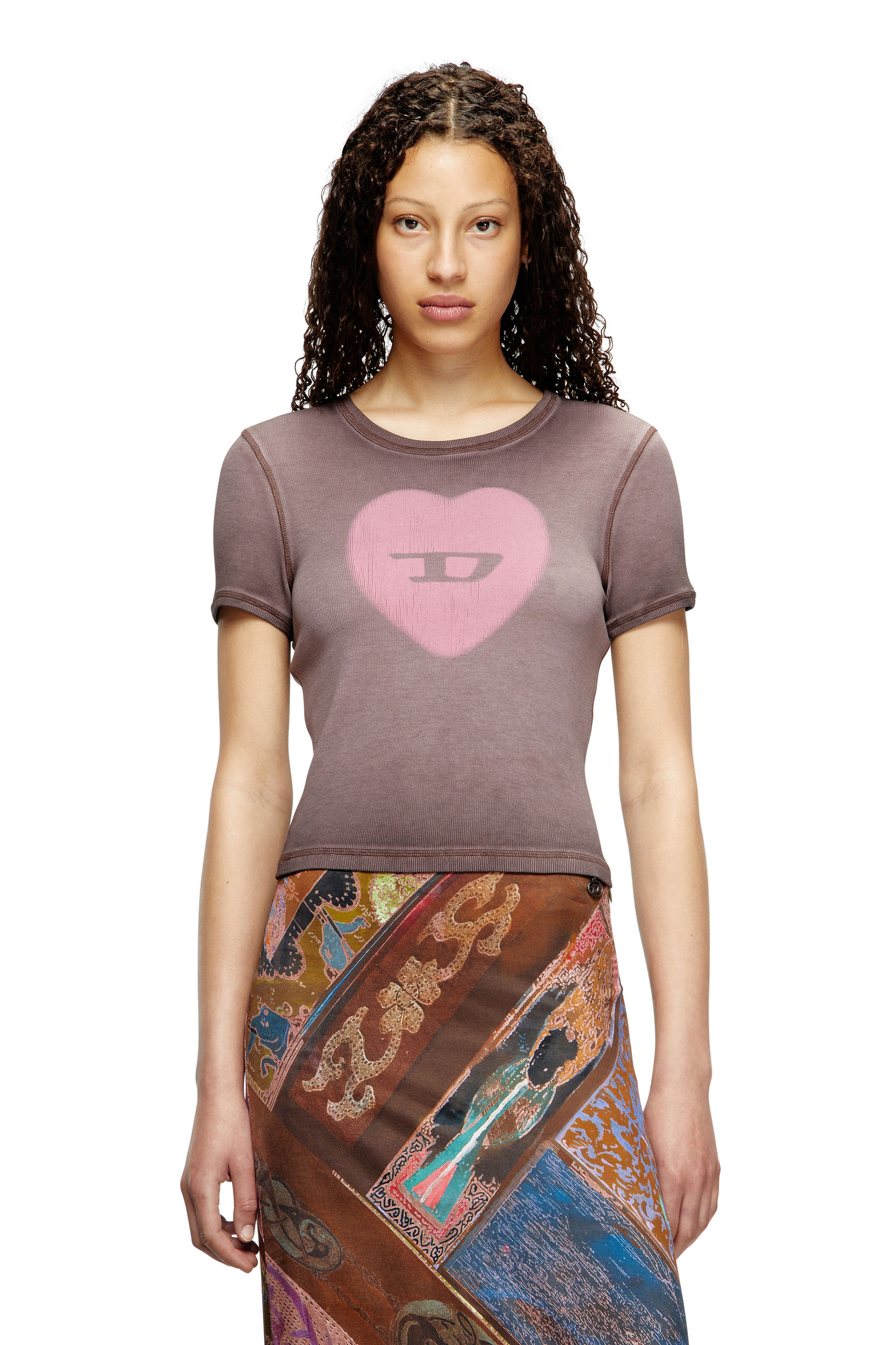 Diesel - T-ELE, Female's Ribbed T-shirt with watercolour heart D in Violet - 1