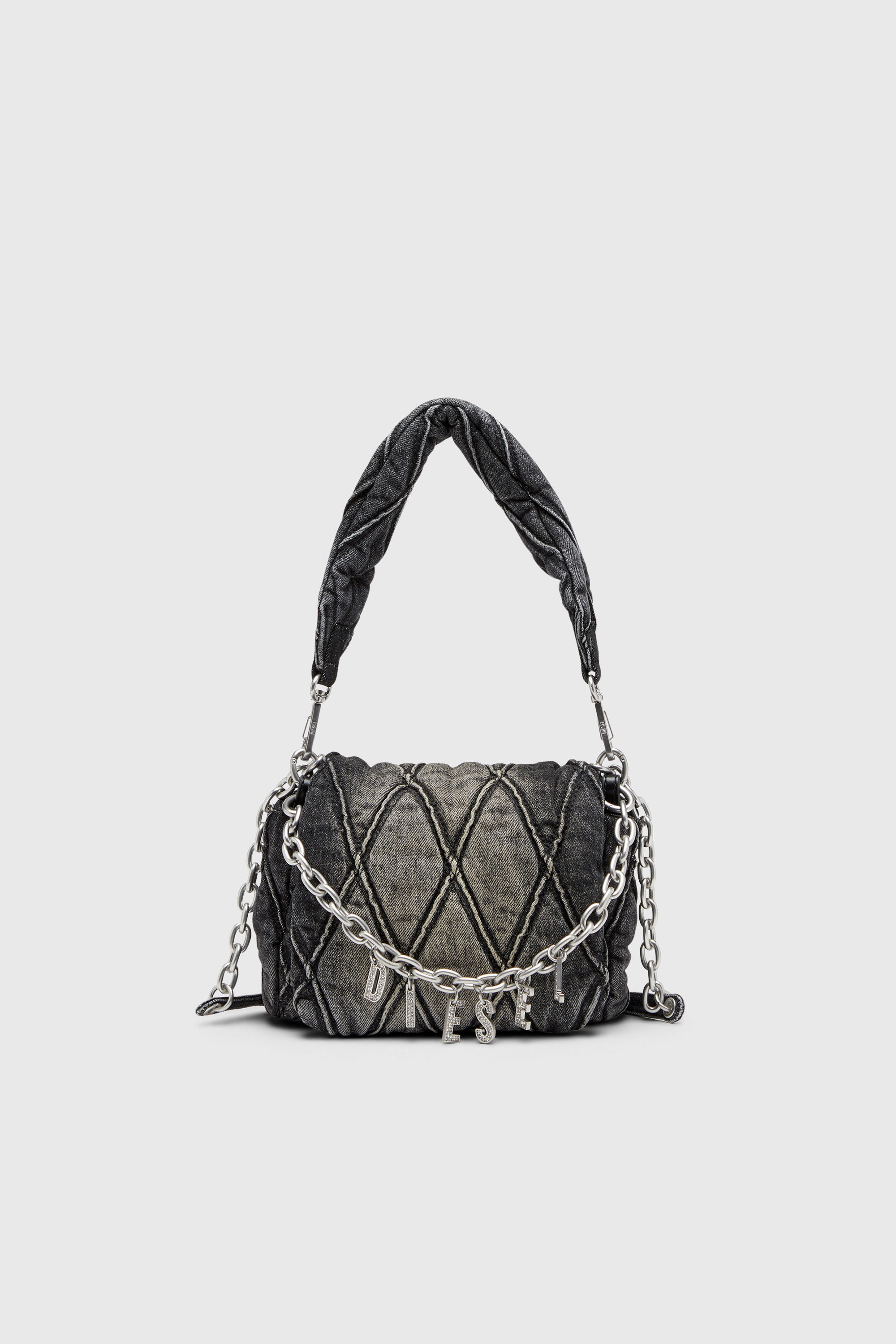 Diesel - CHARM-D SHOULDER S, Woman's Charm-D-Small shoulder bag in treated quilted denim in Black - 1