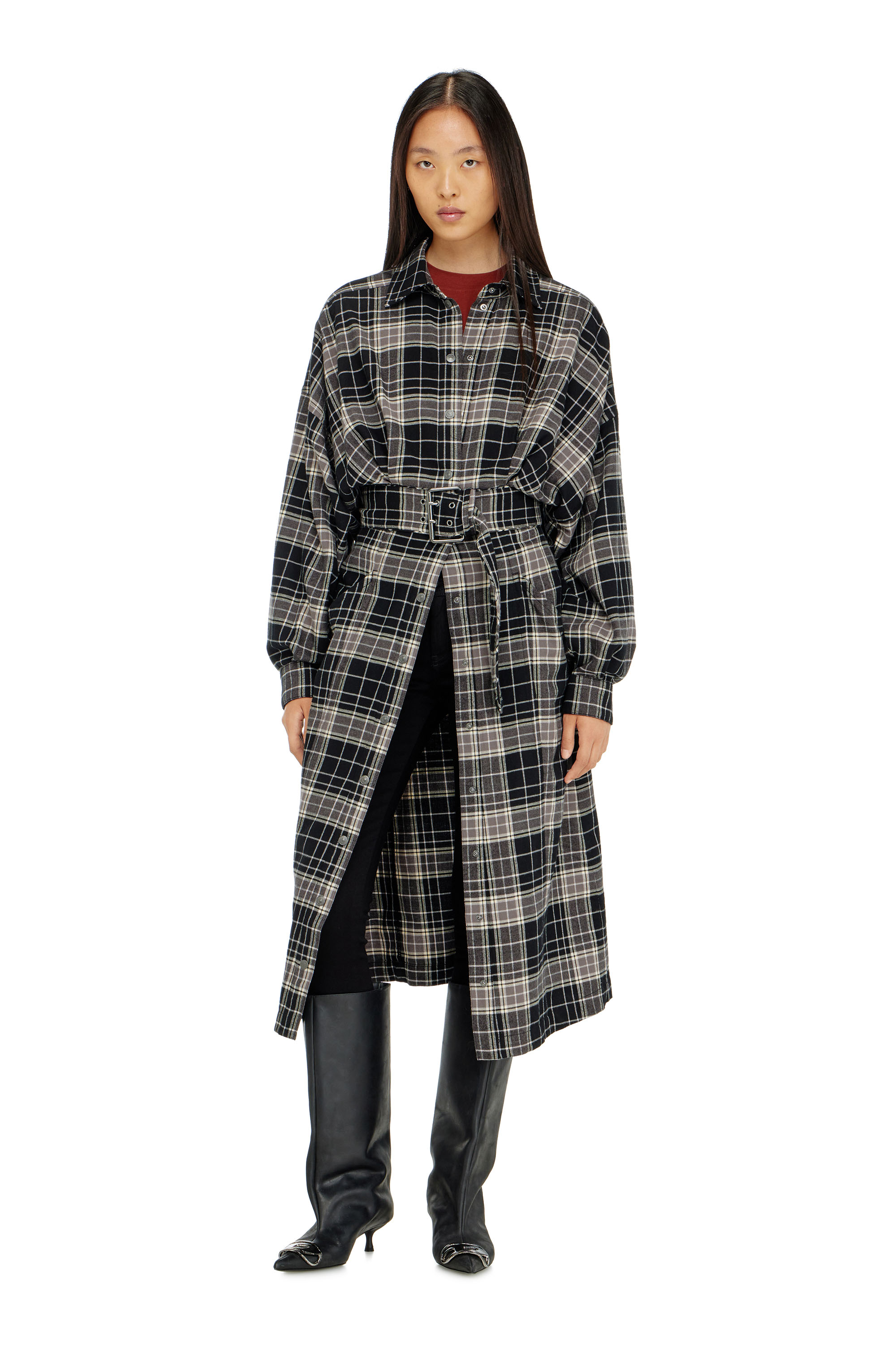 Diesel - D-EDALUS, Woman's Midi dress in check flannel with wide belt in Grey/Black - 2