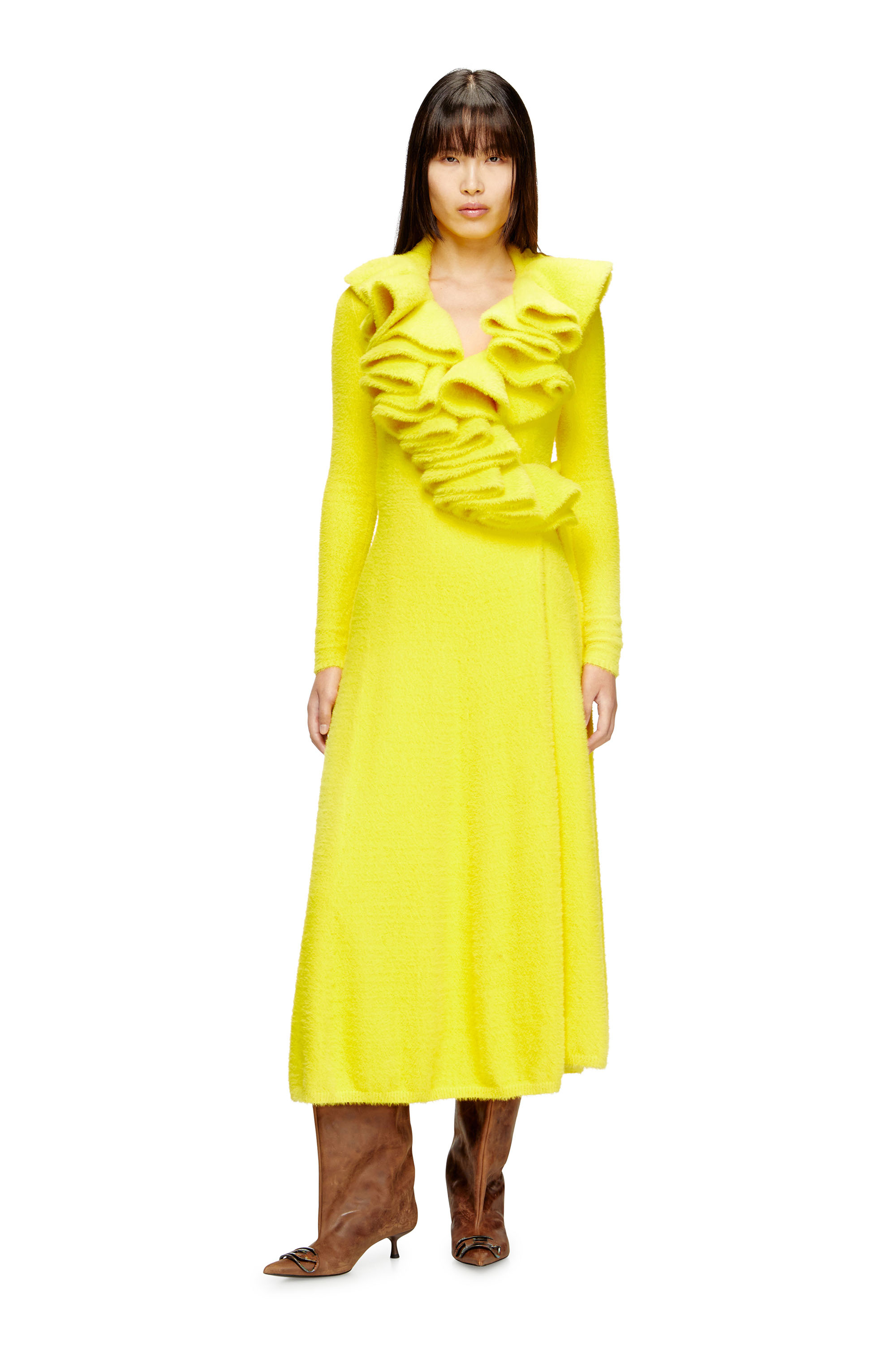Diesel - M-INGELINA, Woman's Fluffy&nbsp;midi dress&nbsp;with ripple neck in Yellow - 2