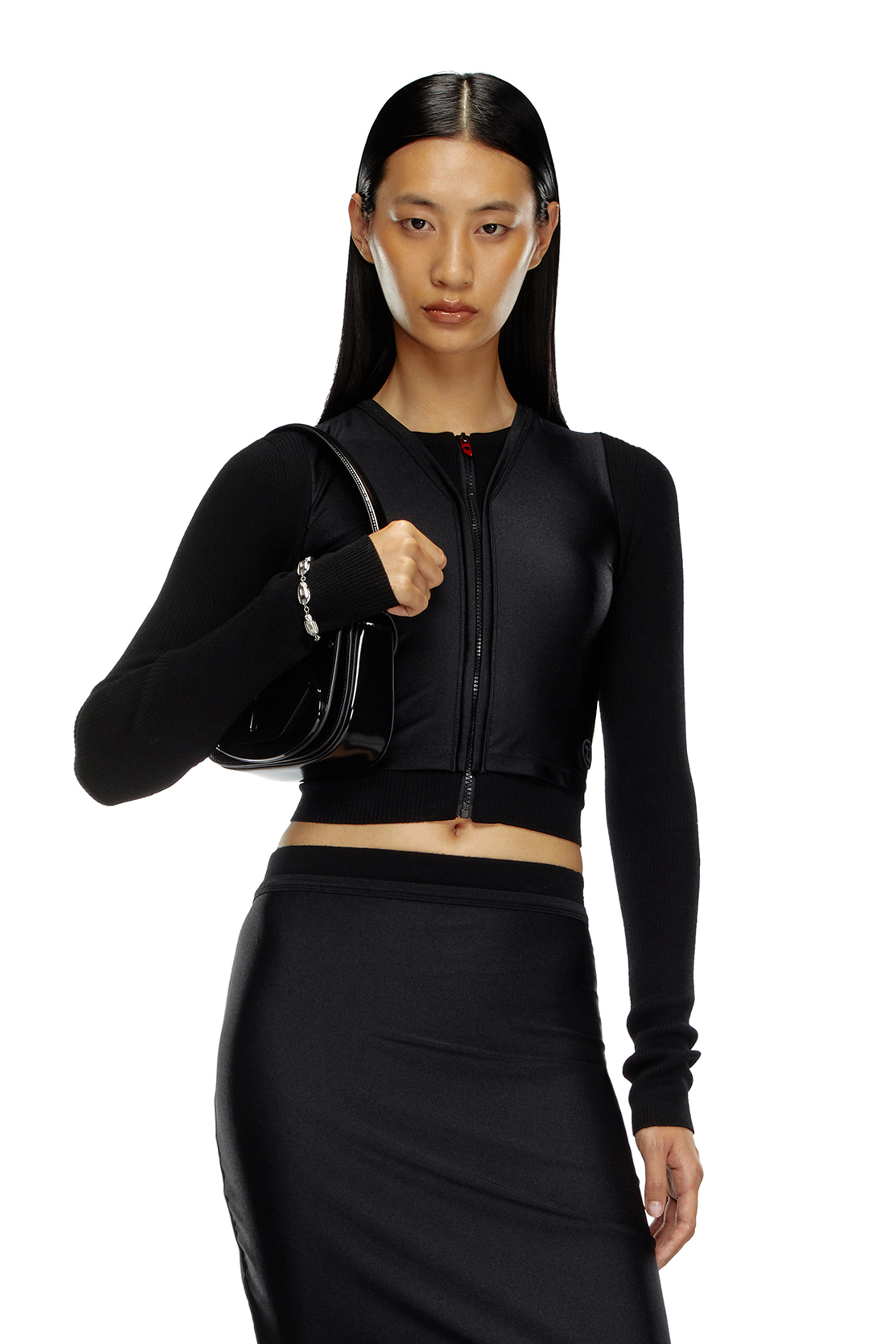 Women's Cropped wool cardigan with stretch overlay | Black