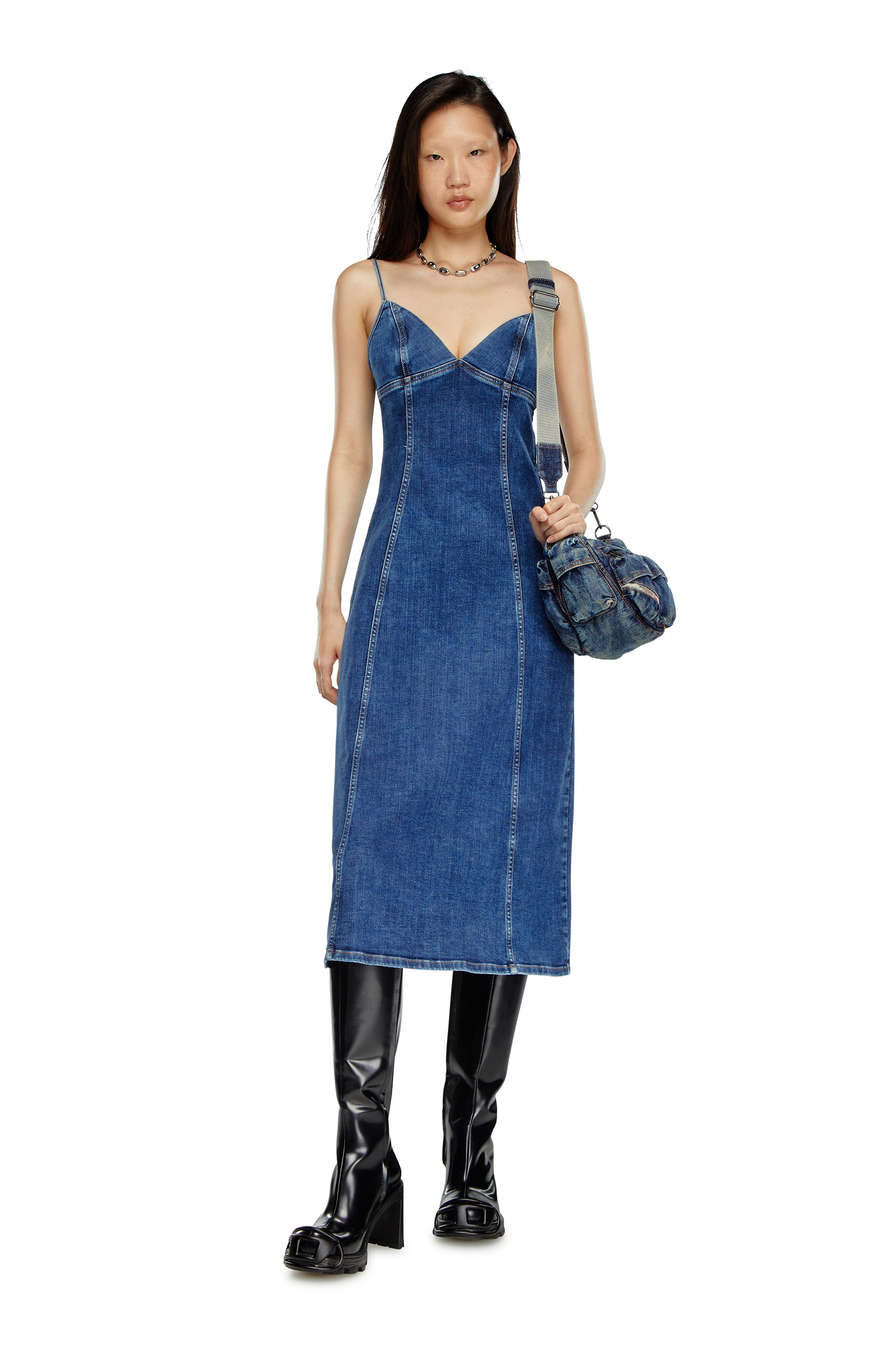 Diesel - DE-FULVY-DRESS-D, Female's Strappy midi dress in denim in Blue - 1