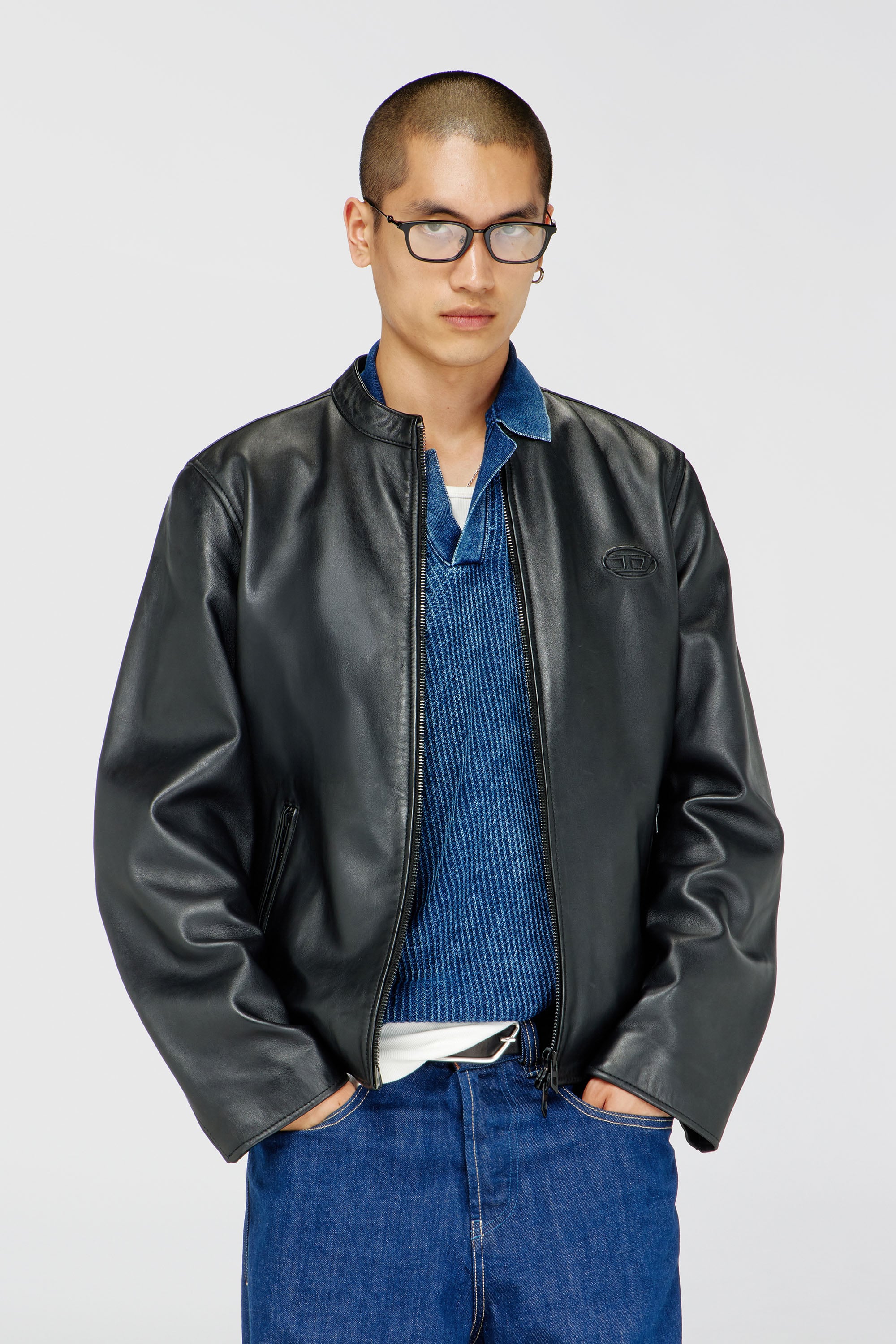 Diesel - L-TAD-WRD, Chaqueta biker en cuero encerado Hombre in Negro - 1