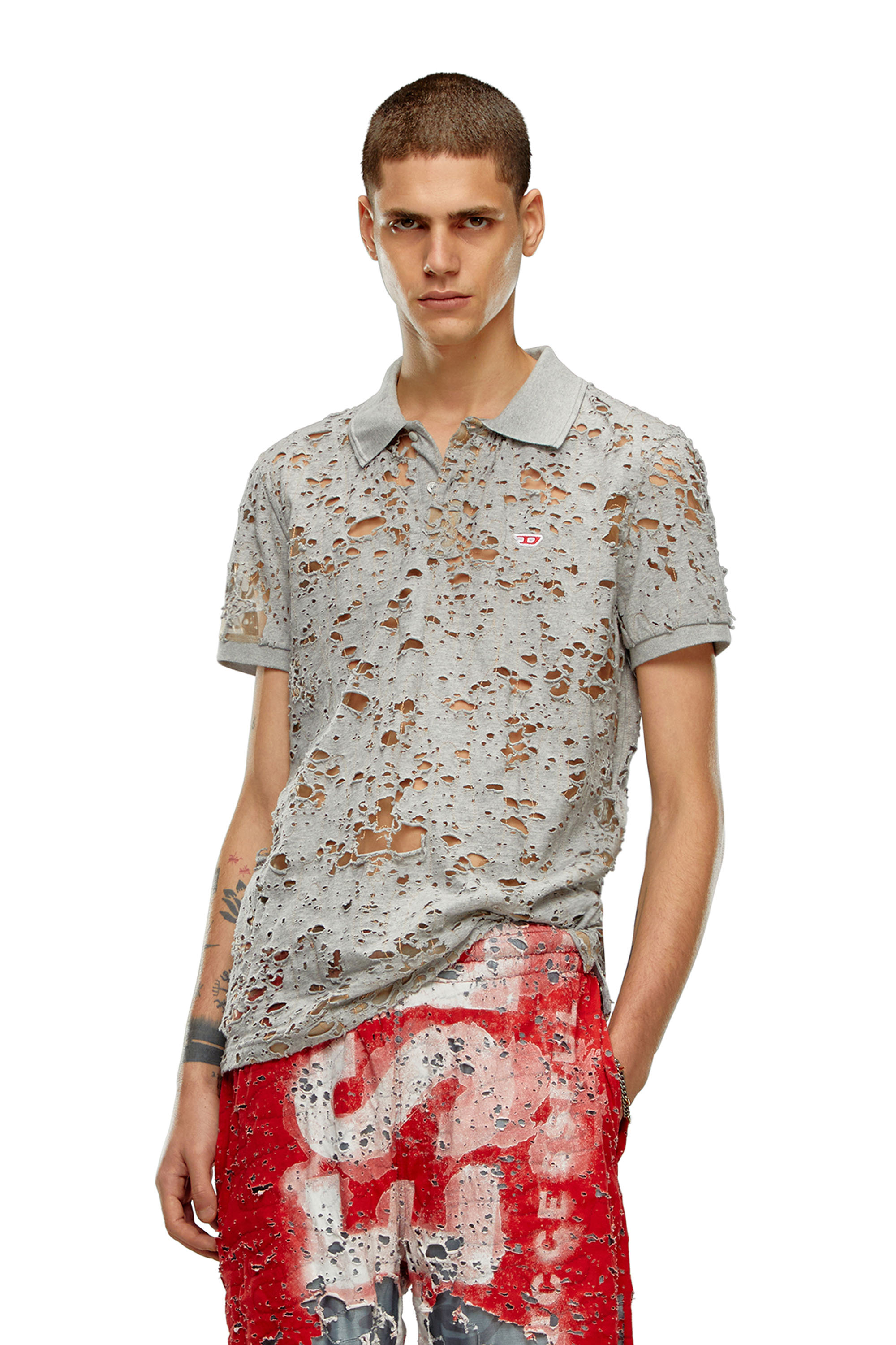 ●DNSR● Destroyed Dirty Polo Shirt 24SS Men's Tulle polo shirt with destroyed jersey | Grey | Diesel