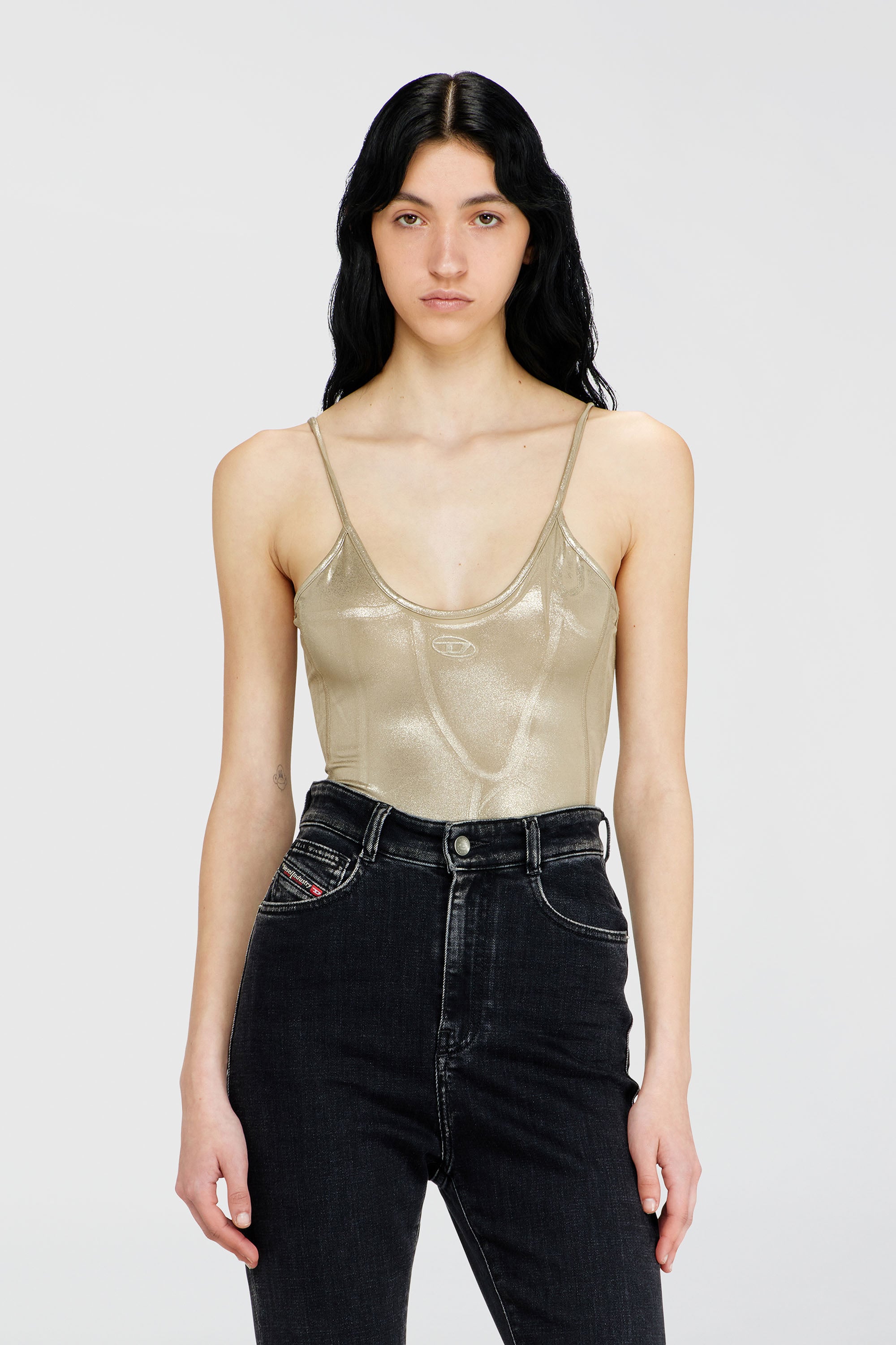Diesel - T-IMYNY, Body de punto brillante con cuello redondo Mujer in Dorado - 1