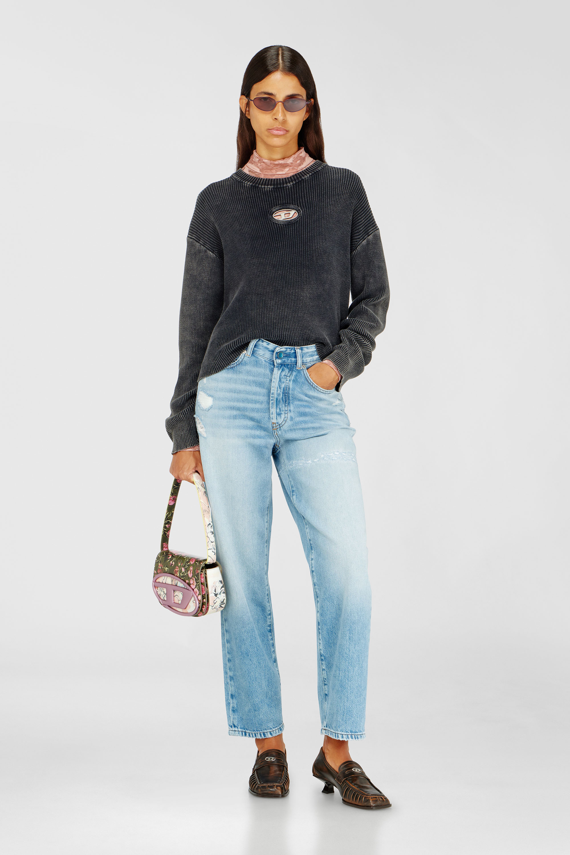 Diesel - M-ANCHOREX, Woman's Cut-out ribbed jumper with Oval D plaque in Dark grey - 1