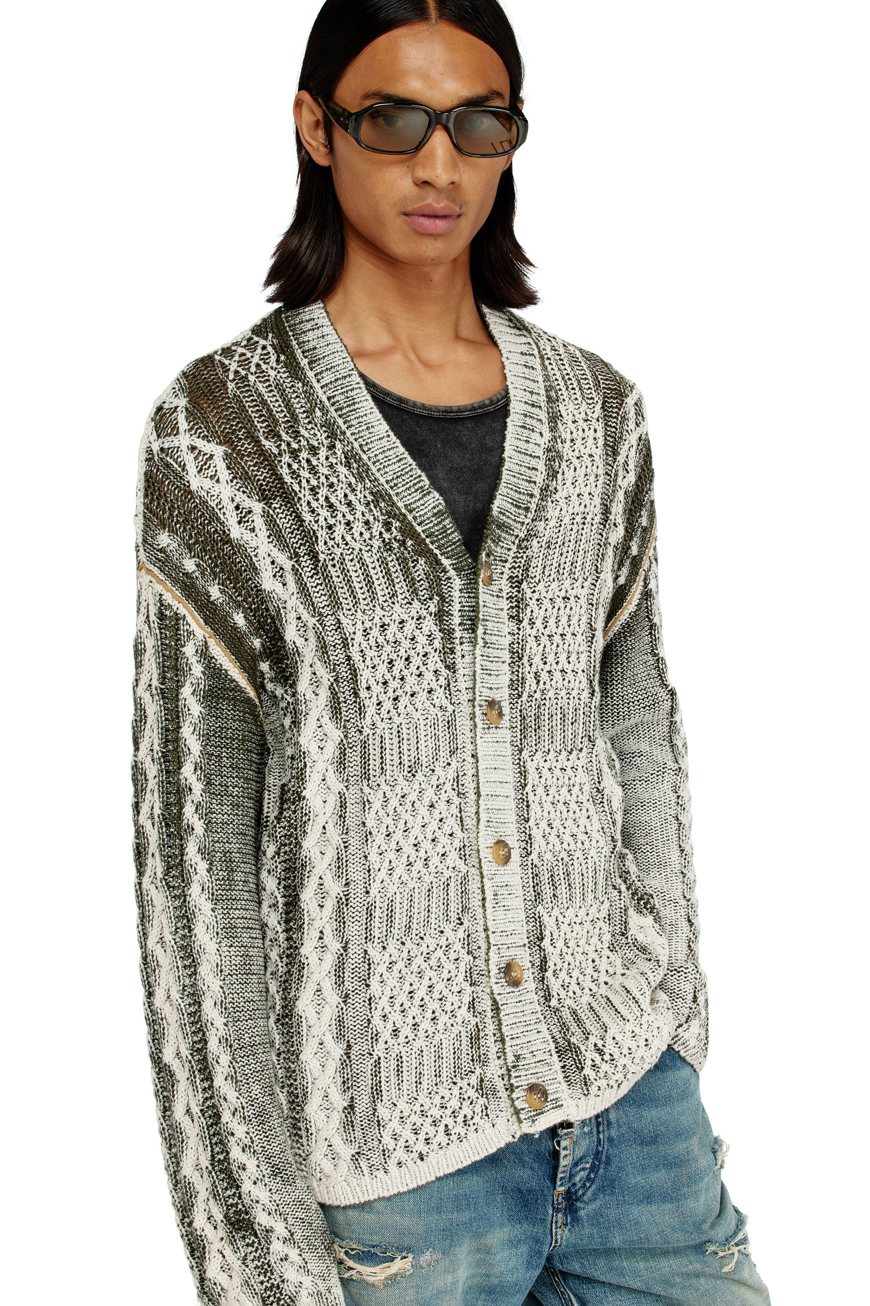 Diesel - K-MIOTO, Male's Treated cable-knit cardigan in White/Grey - 5