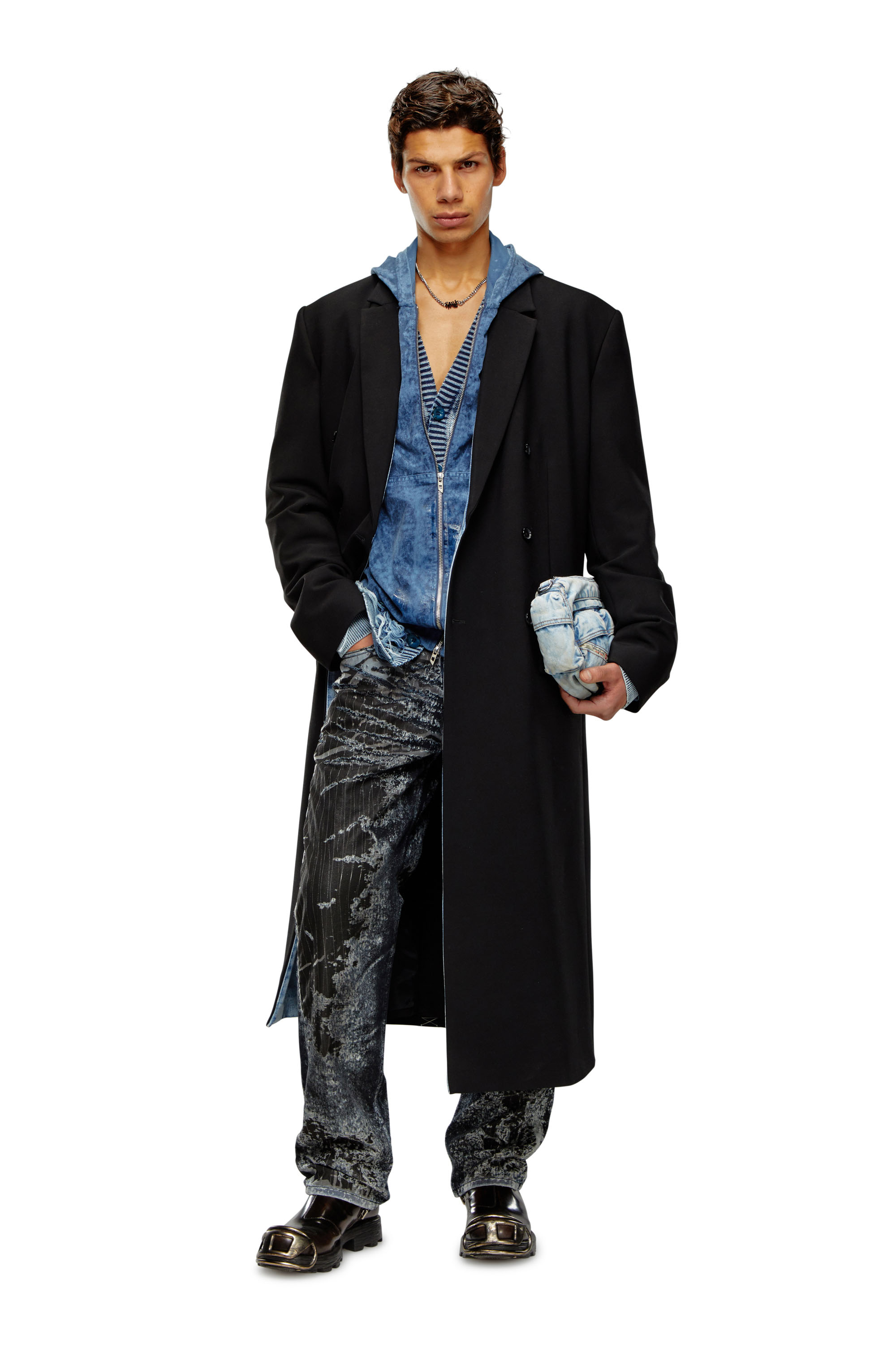 Men's Longline cool wool coat in denim detail | Black | Diesel
