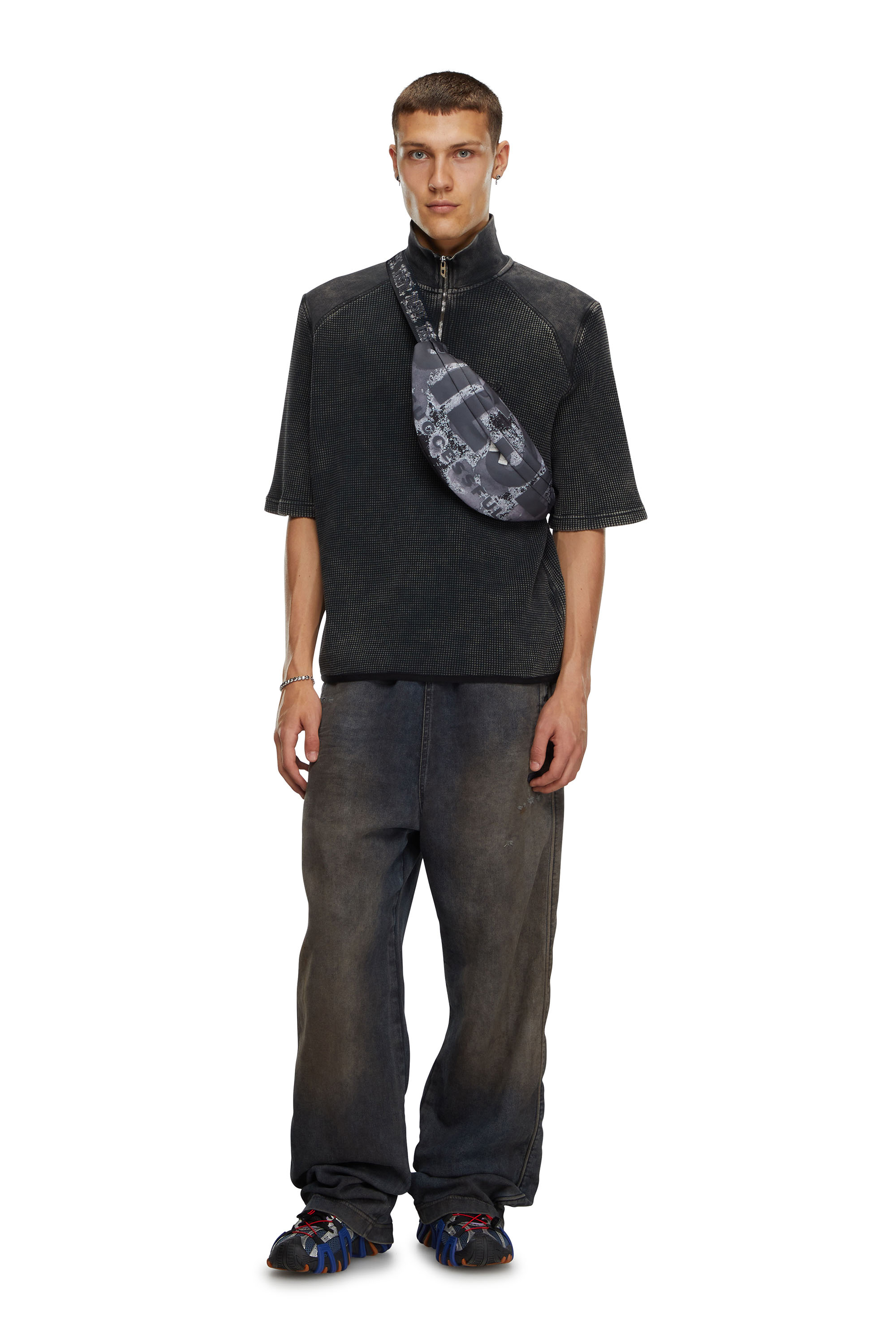 Diesel - RAVE BELTBAG X, Man's Rave-Belt bag with bleeding logo print in Black/Grey - 1