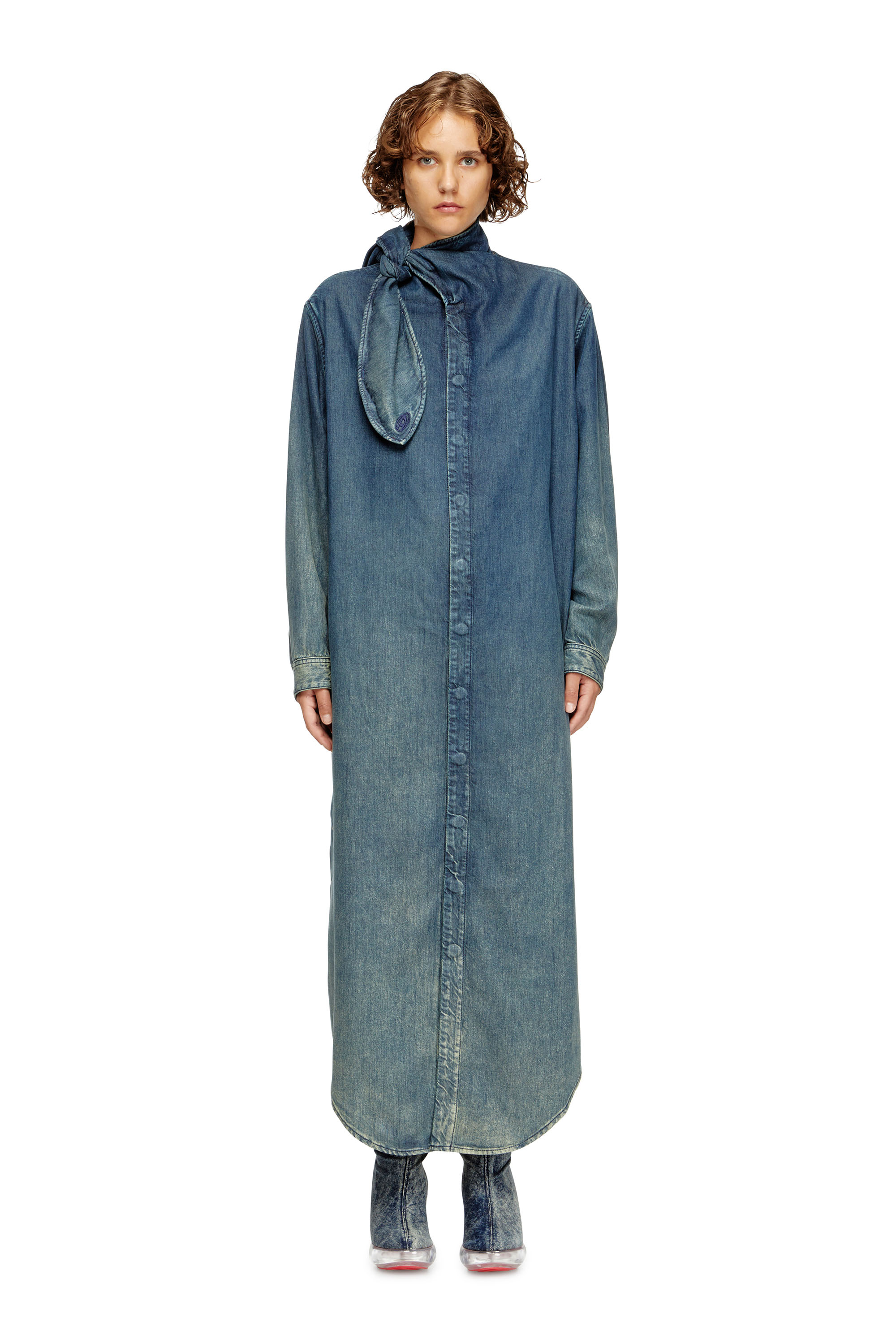 Diesel - DE-BARBARA-S, Woman's Long shirt dress in fluid denim in Medium blue - 2