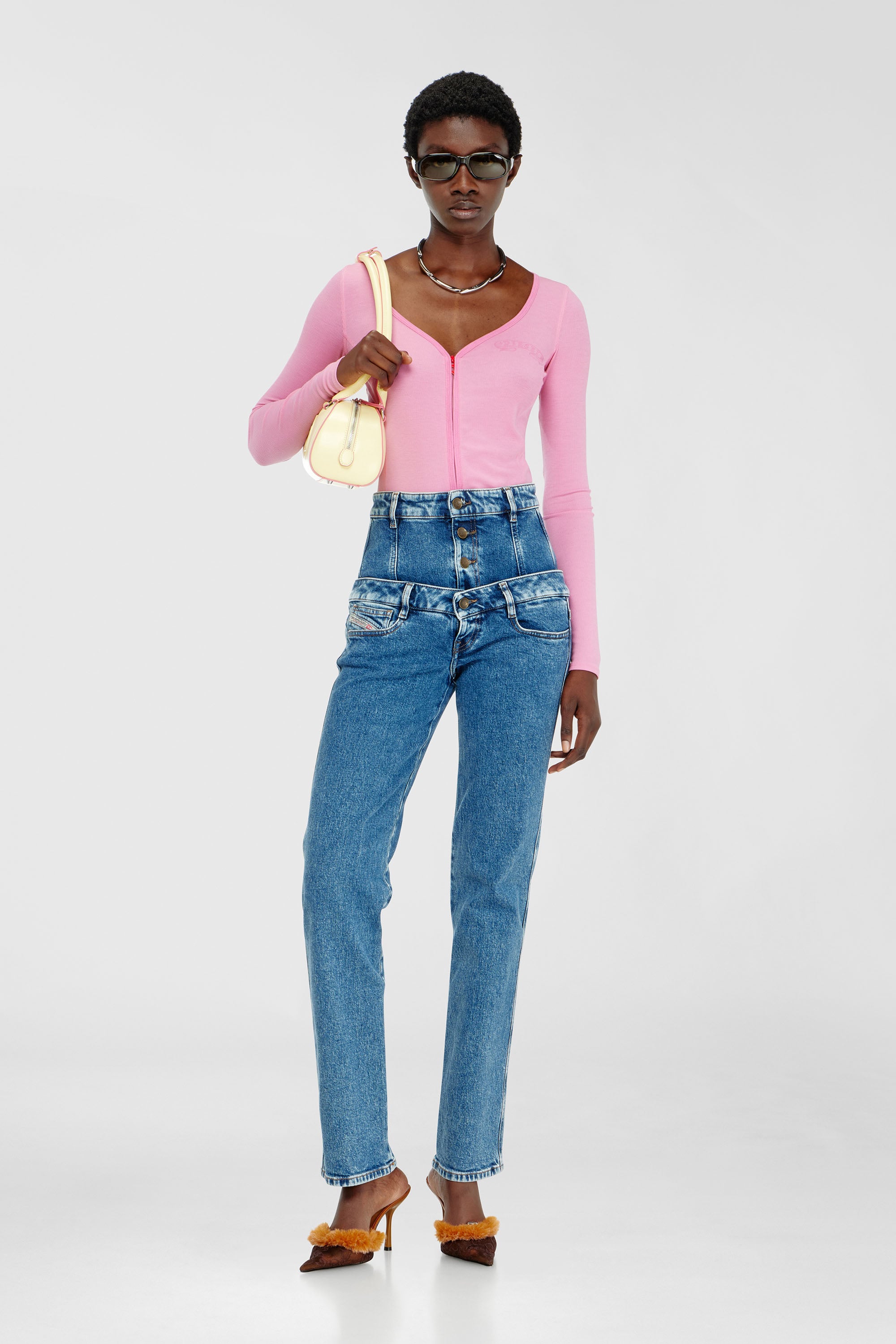 Diesel - T-RIBI-LS-AA1, Top slim de lyocell con cuello en V y zip Mujer in Rosa - 1