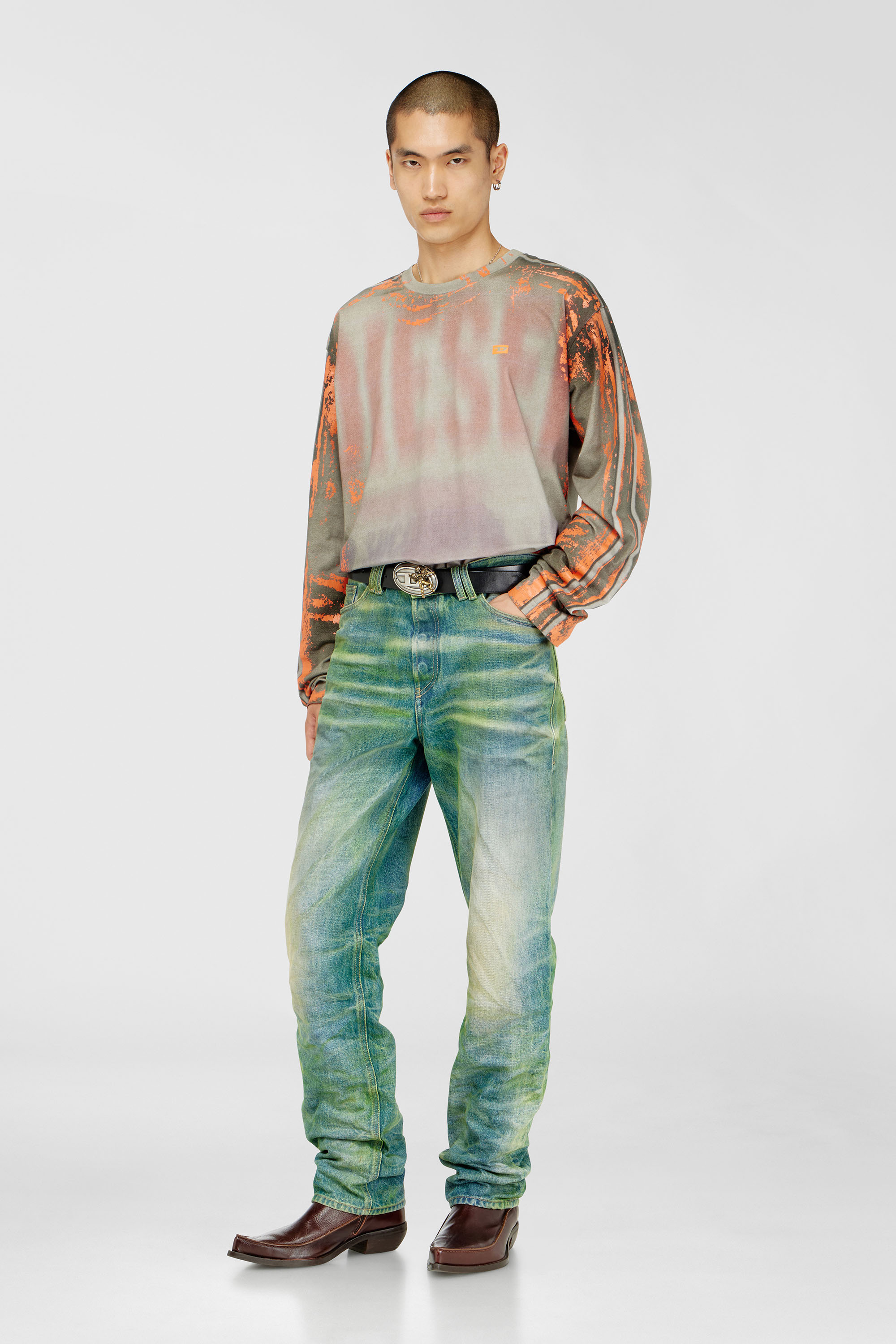 Diesel - T-FILMY, Male's Long-sleeve T-shirt in cracked jersey in Grey/Orange - 2