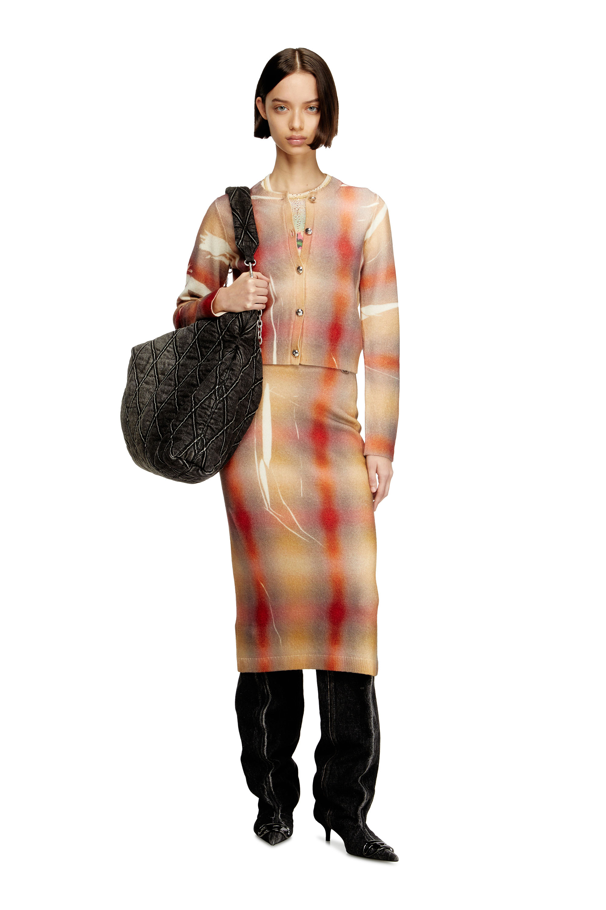 Diesel - M-CHERIE-A, Woman's Wool midi skirt with all-over check print in Beige/Orange - 2