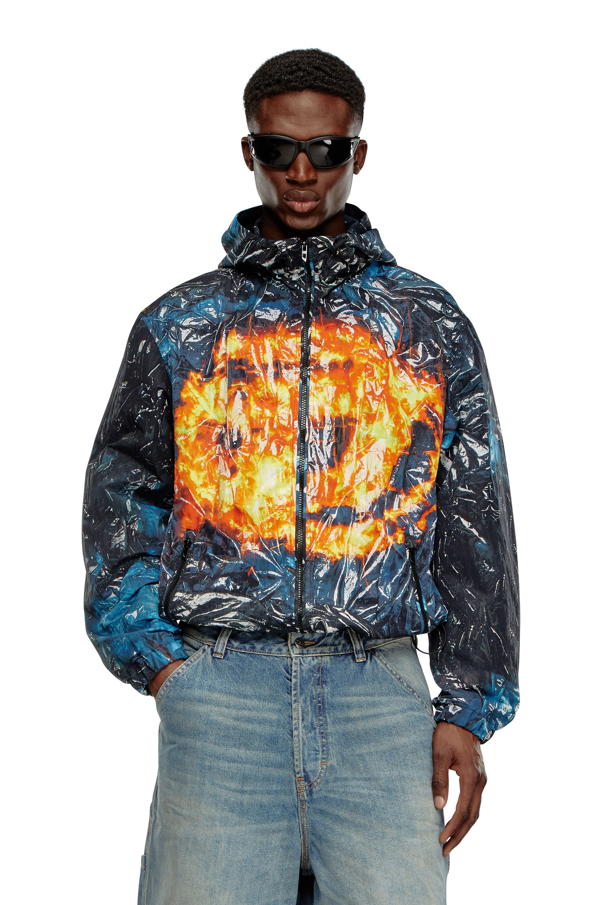 Diesel - J-WARRETT-POSTER, Male's Hooded windbreaker with poster print in Blue/Black - 1