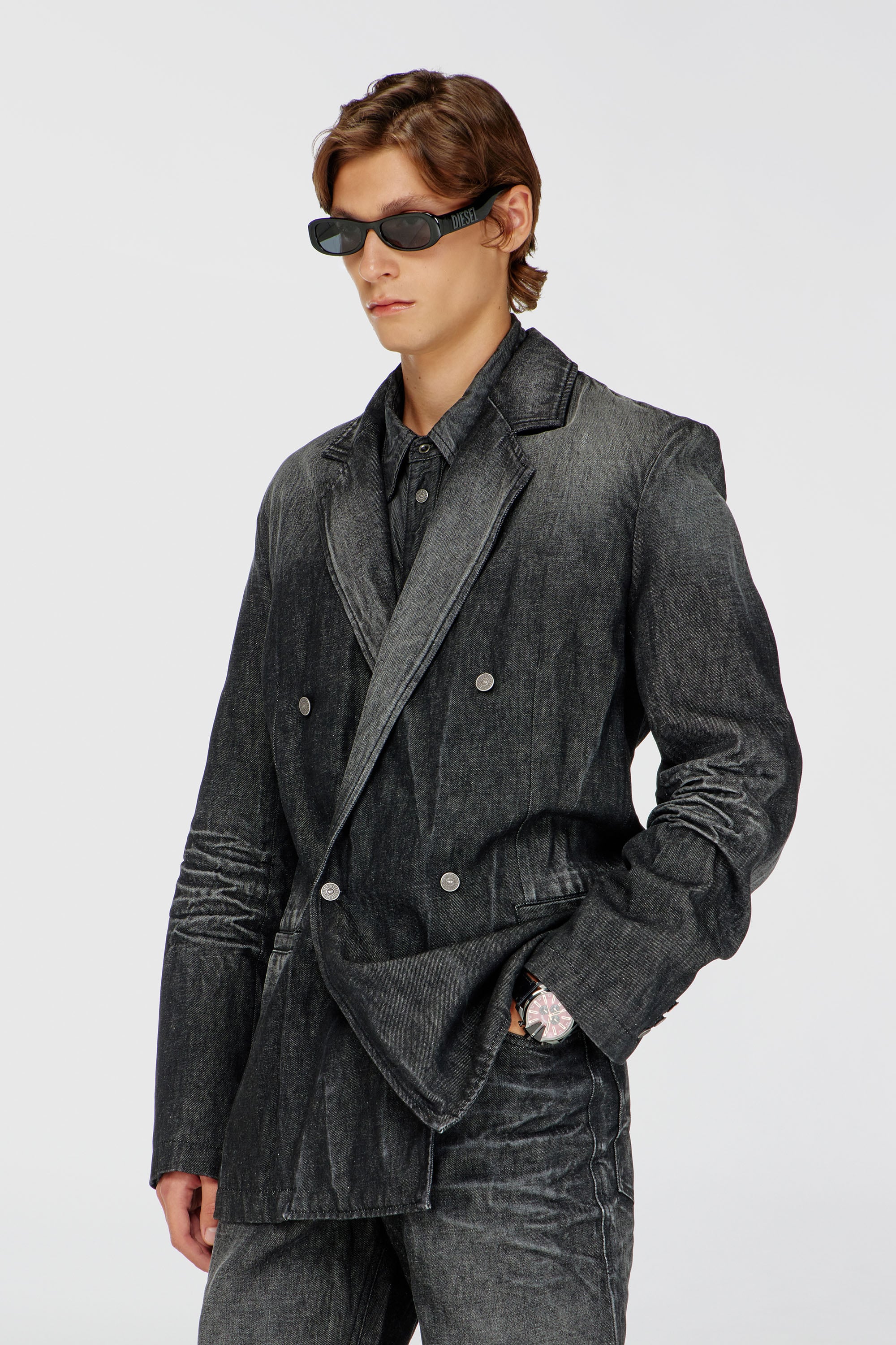 Diesel - D-KOT-FSJ, Blazer crois&eacute; en denim froiss&eacute; Homme in Noir - 1