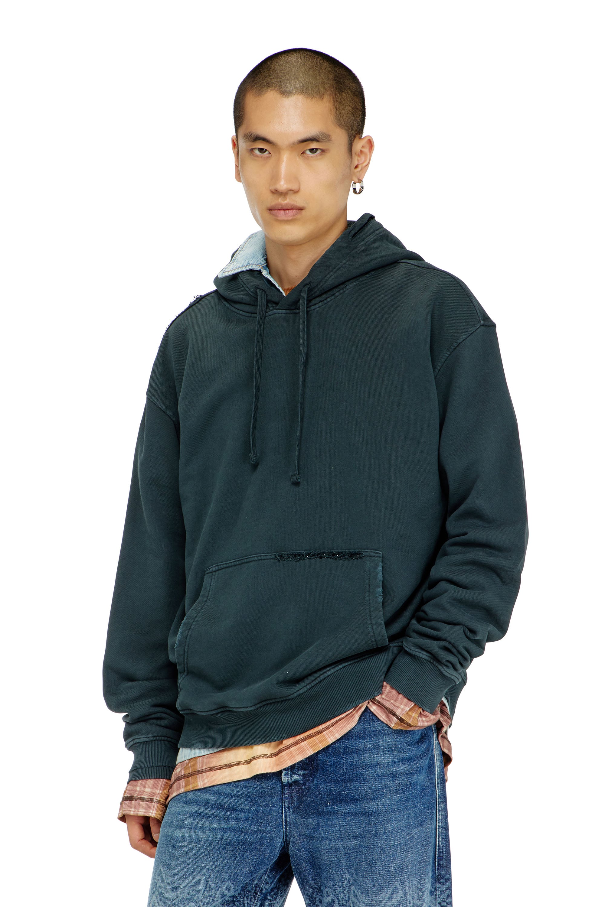 Diesel - S-NORM-HOOD-CRYSTALS, Male's Hoodie with rips and crystal details in Dark Green - 1