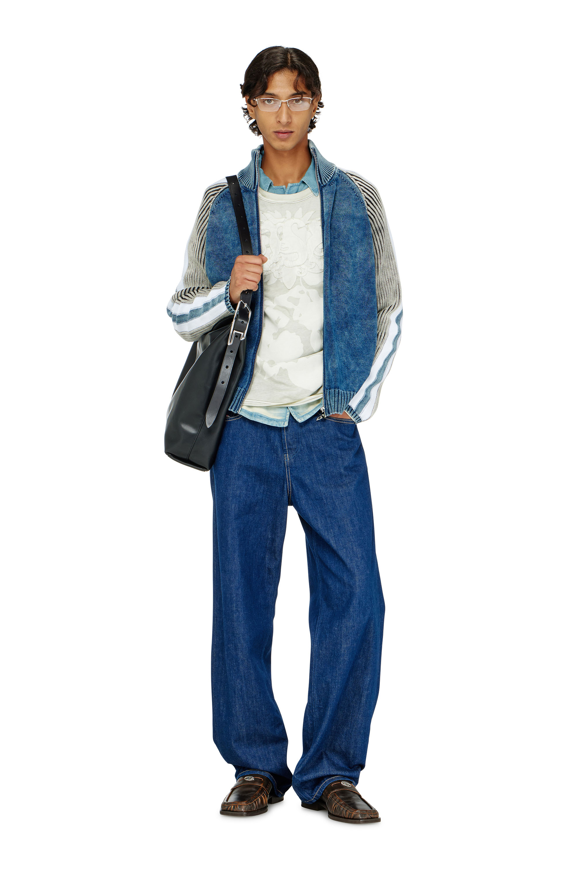 Diesel - K-HERONIMO, Man's Zip-up cardigan with sporty bands in Blue/Grey - 2