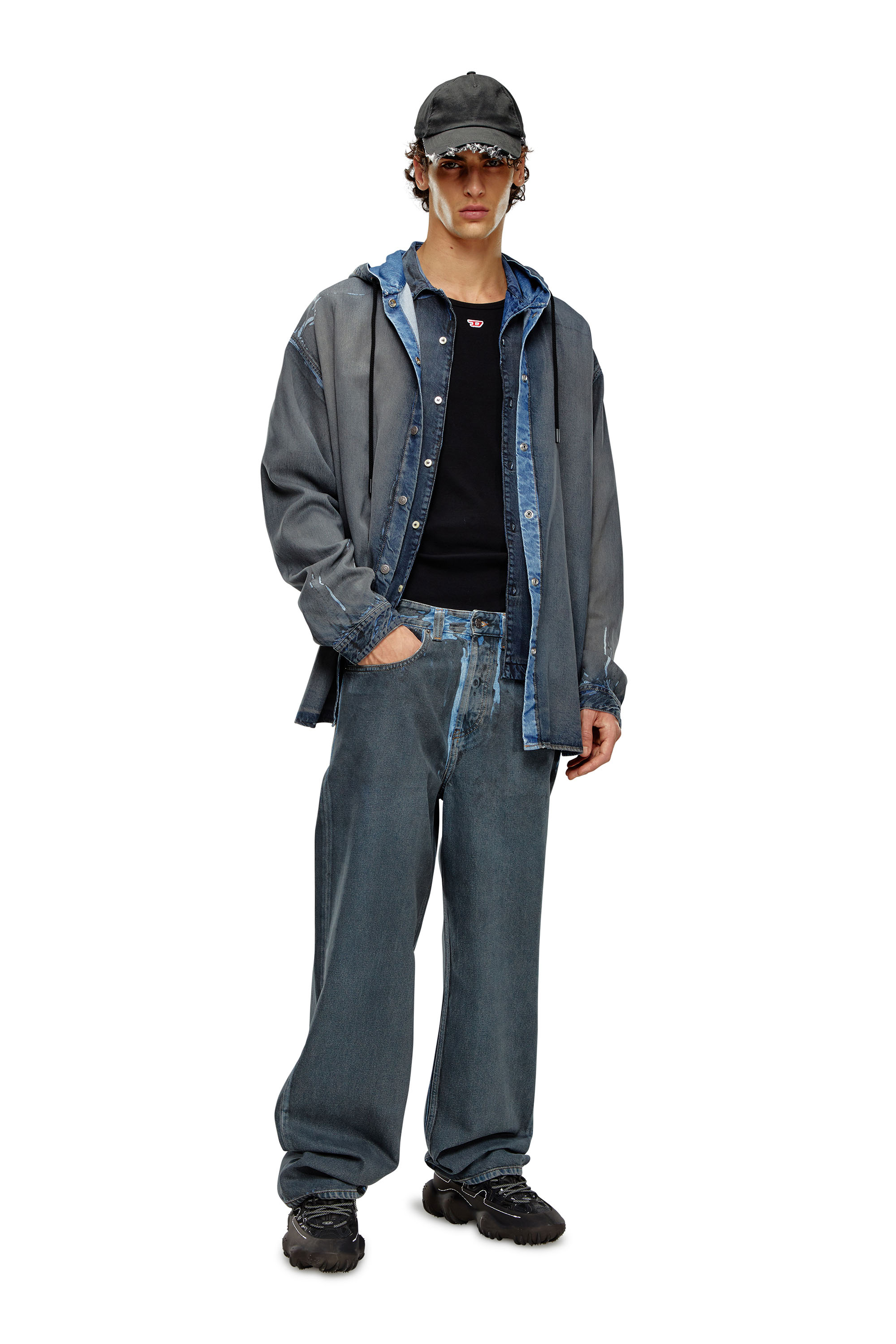 Men's Hybrid shirt in worn-effect coated denim | Blue | Diesel