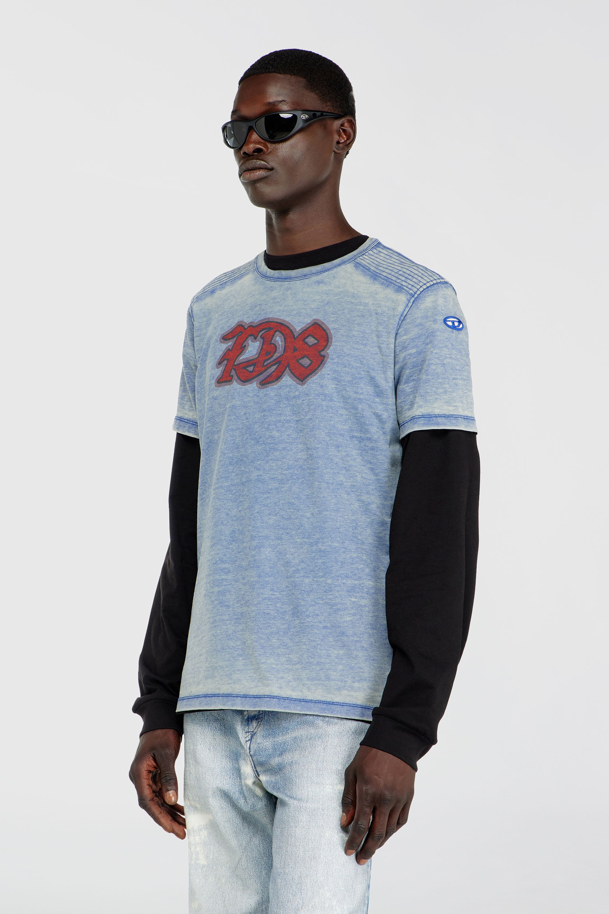 Diesel - T-DOMY, Man's Burnout T-shirt with D78 print in Light Blue - 1