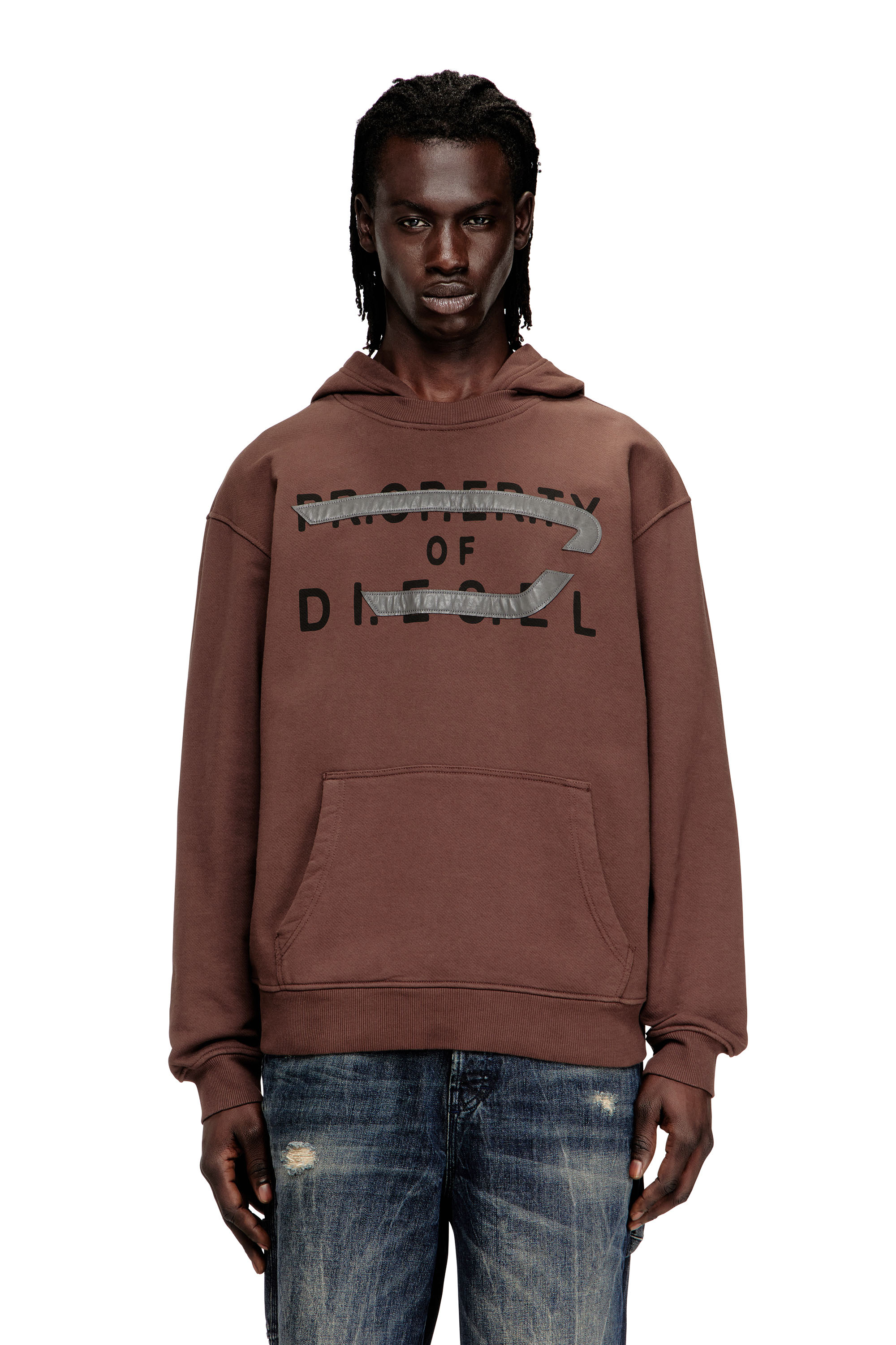 Diesel - S-NORMAN-HOOD, Man's Cotton hoodie with D appliqu&eacute; in Brown - 1
