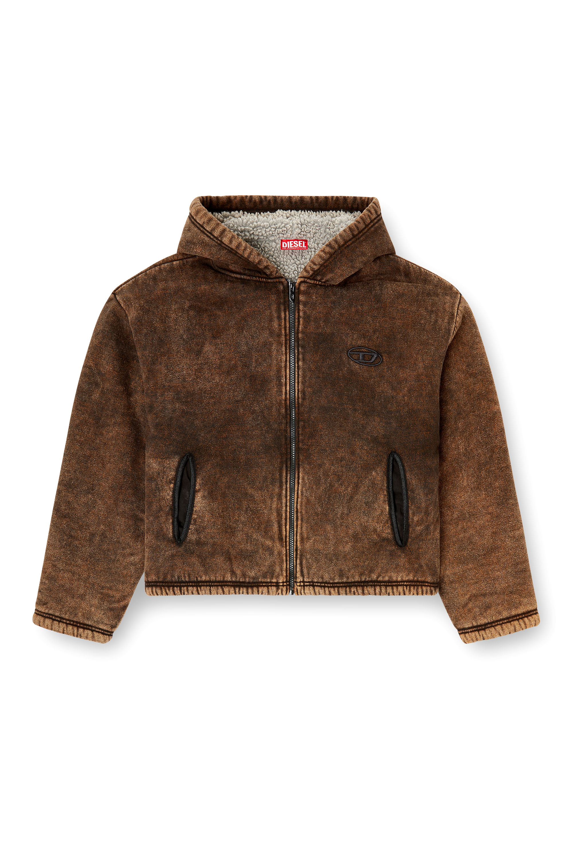 Diesel - F-ELLA, Female's Acid-wash zip-up hoodie with teddy lining in Brown - 3