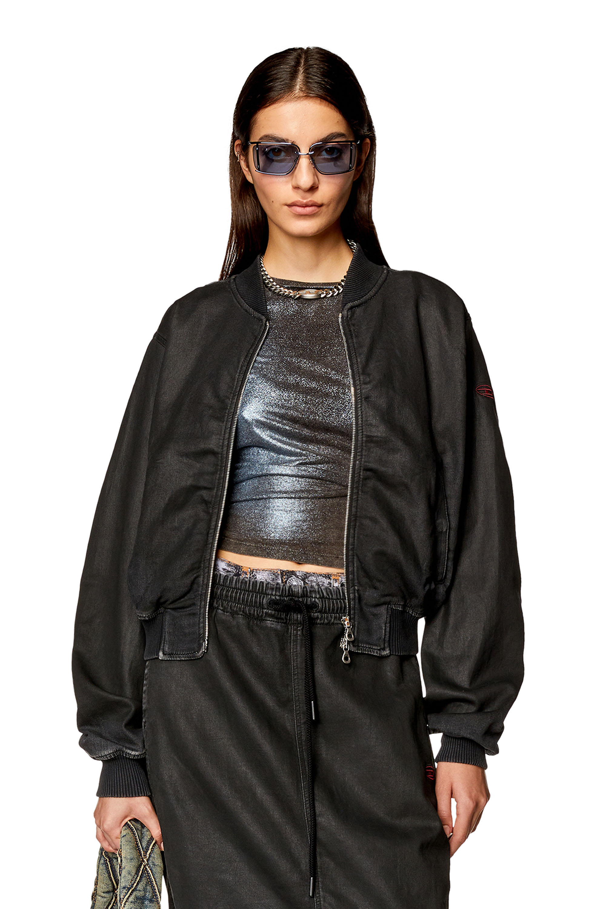 Women's Bomber jacket in coated denim | Black | Diesel