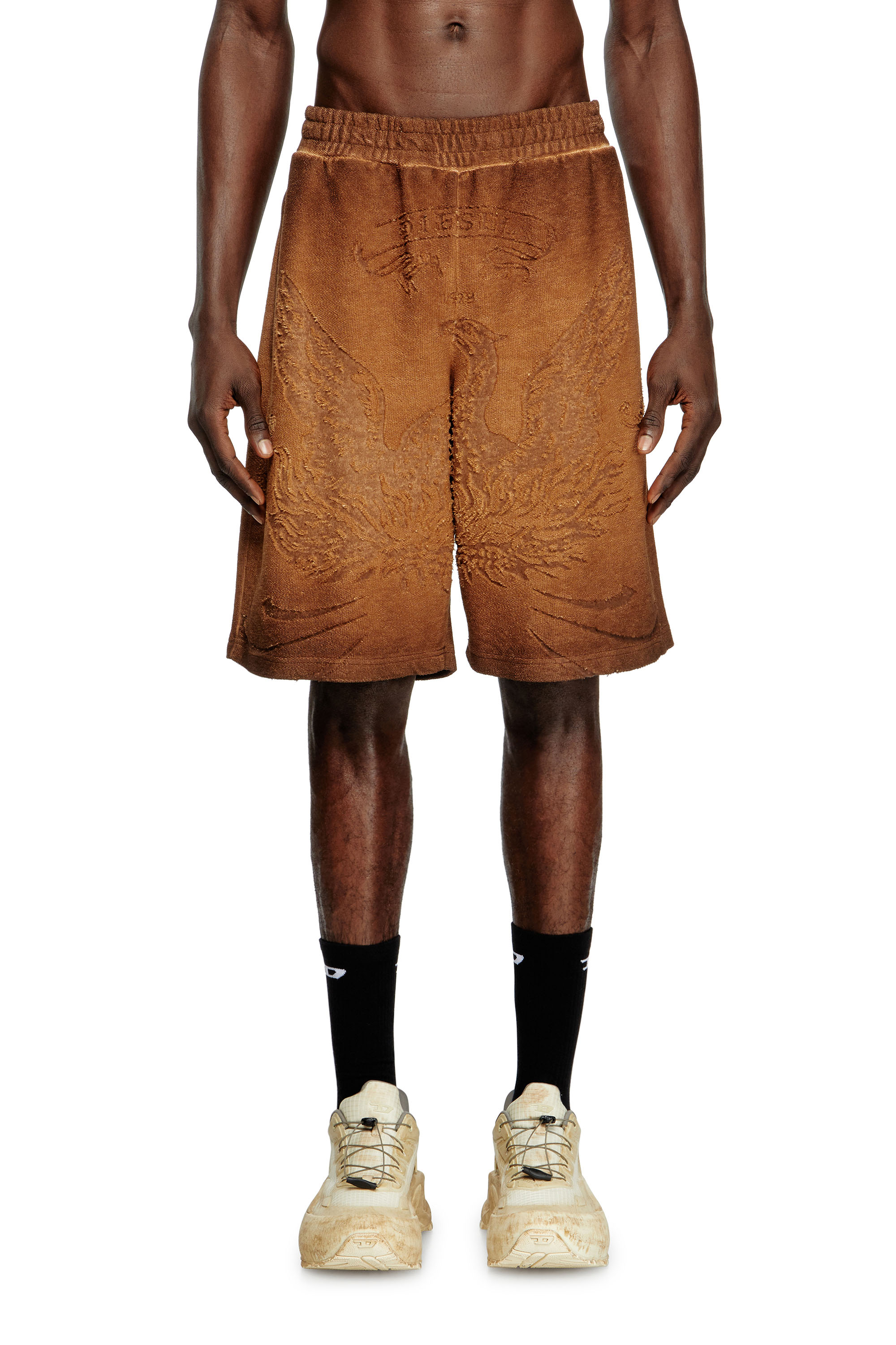 Diesel - P-CROWDE, Man's Sweat shorts with phoenix devoré in Brown - 1
