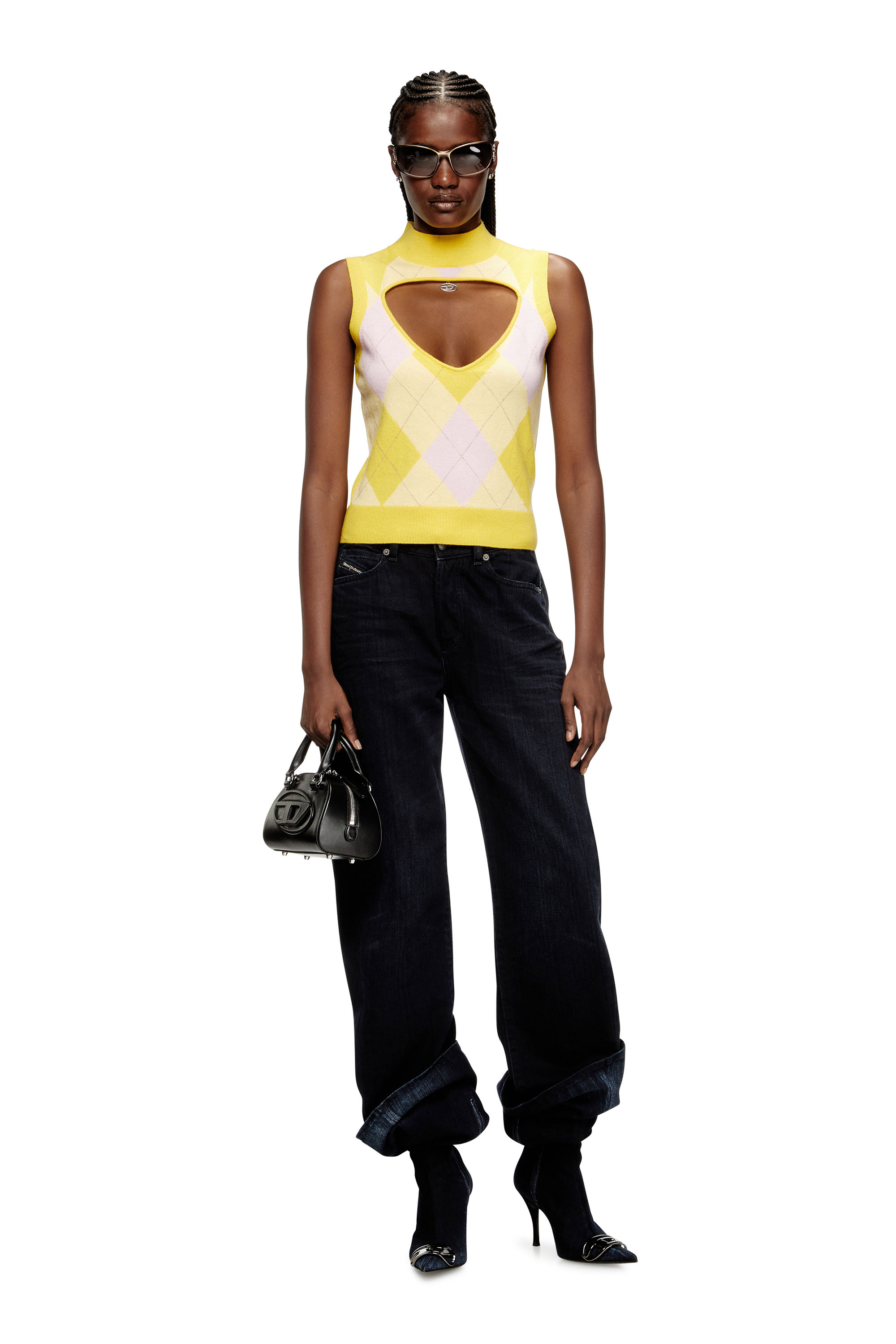 Diesel - M-ROMKO-SL, Gilet à col roulé avec cut-out, en laine à motif losanges Femme in Jaune - 1