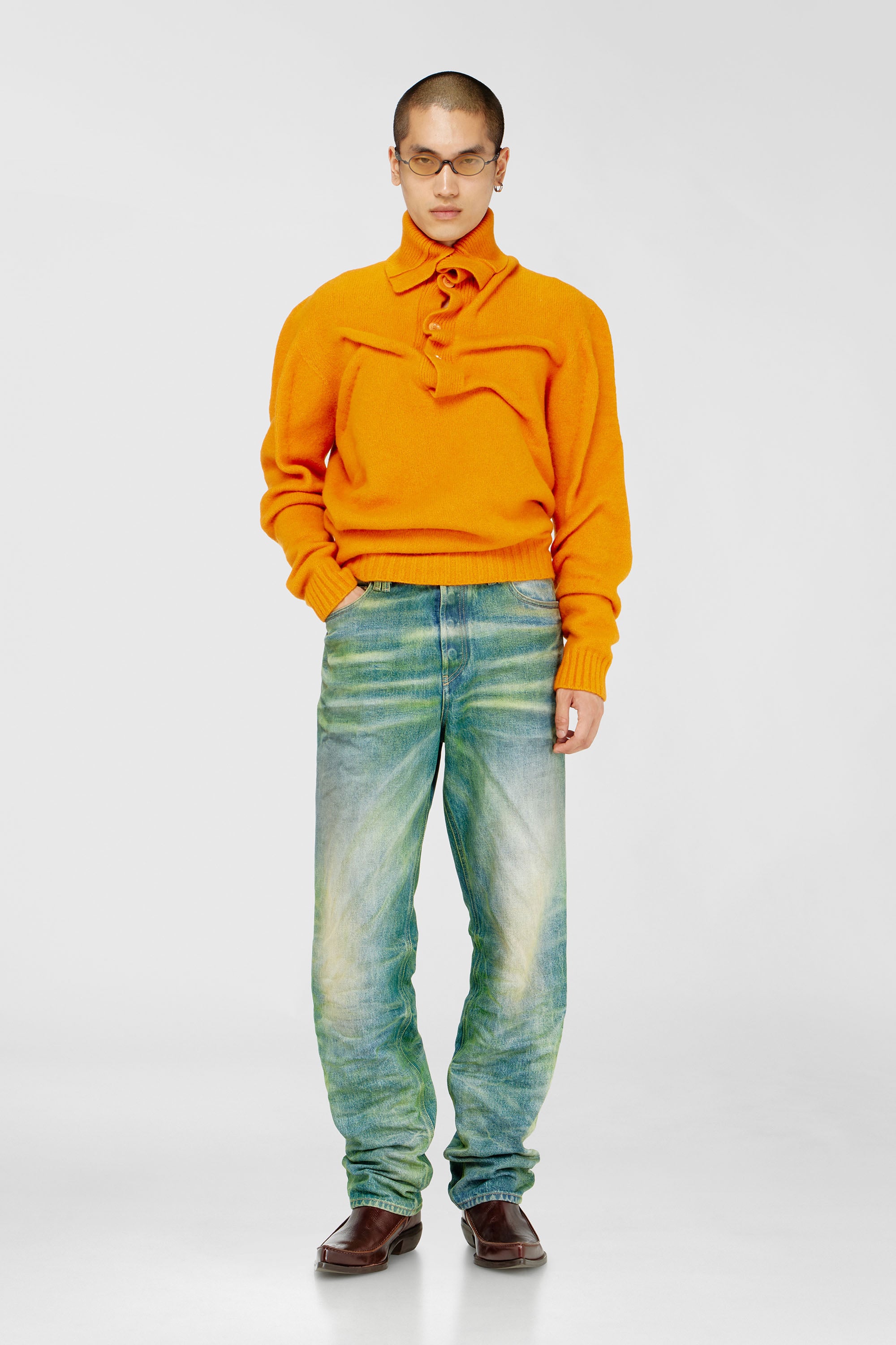 Diesel - K-ANDREW, Male's Button-neck jumper in wrinkled boiled knit in Orange - 2