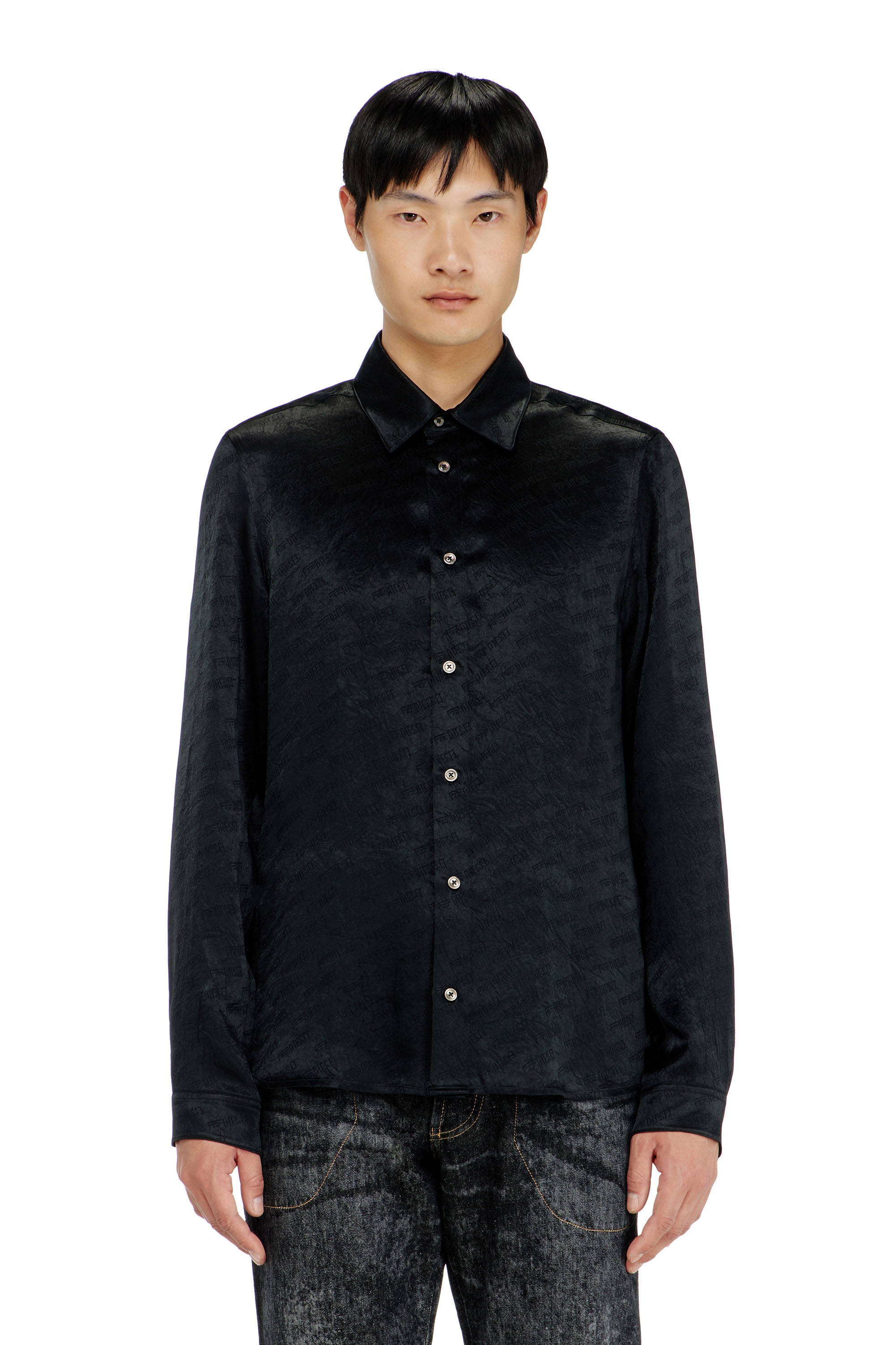 Diesel - S-KINNY-EFBZ, Man's Shirt in logo-jacquard crinkled satin in Black - 1