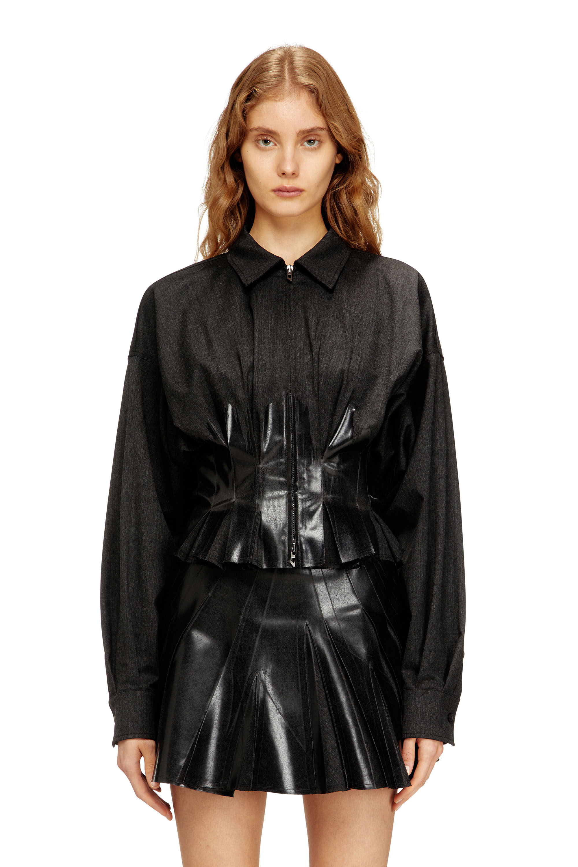 Diesel - G-ANBU, Female's Tailoring shirt-jacket with coated pleats in Black - 1