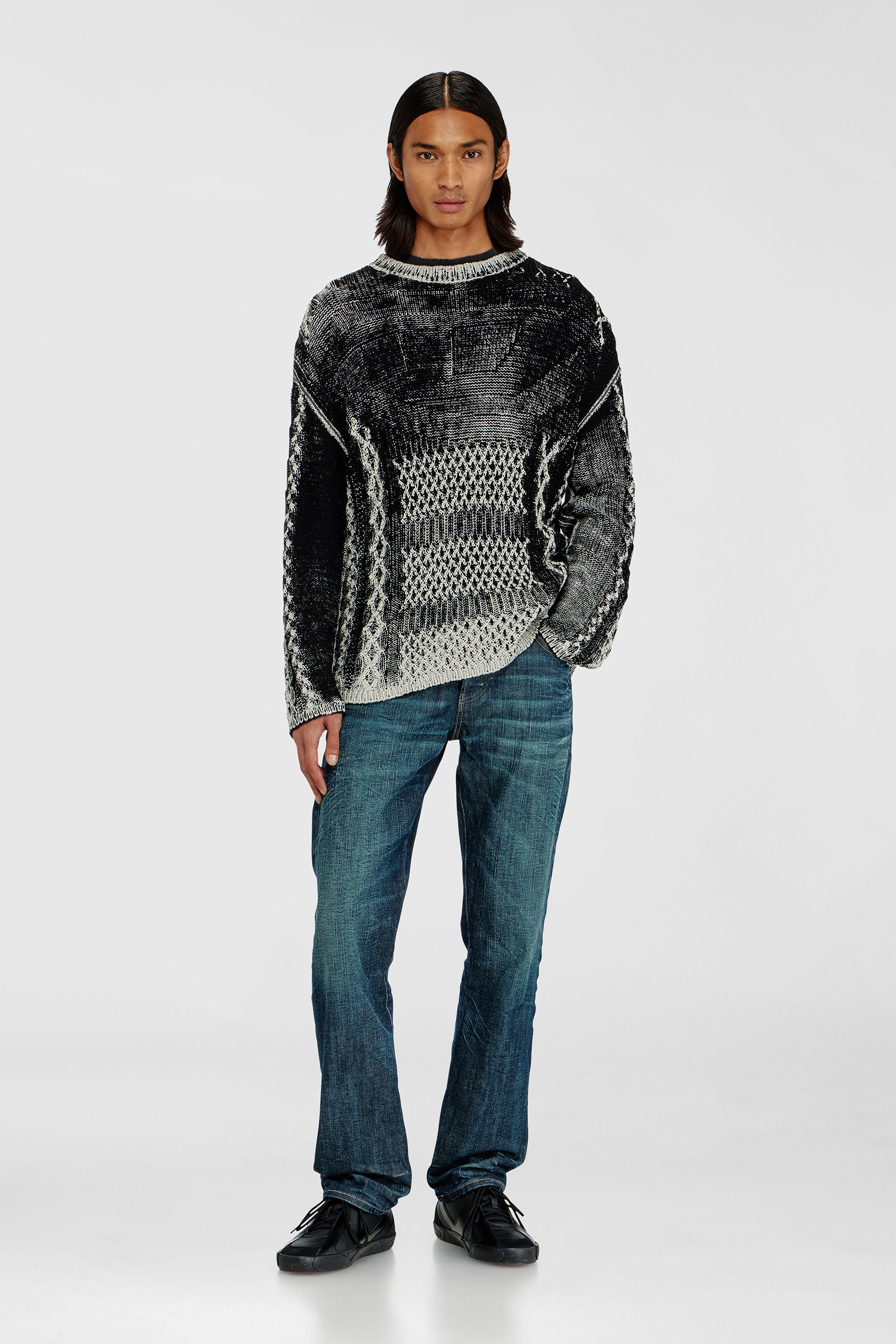 Diesel - K-MIONE, Male's Treated cable-knit jumper in Grey/Black - 2