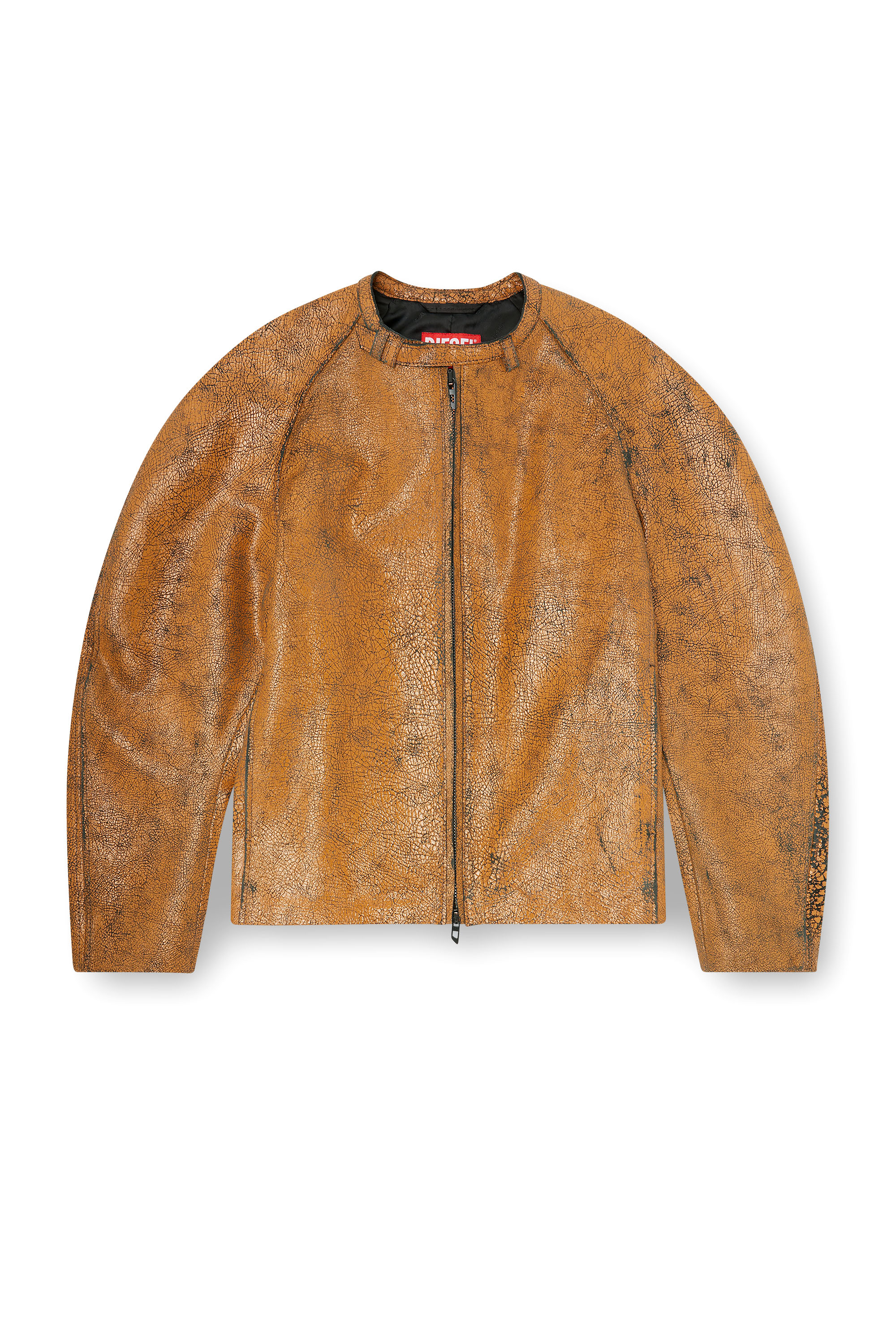 Diesel - L-NURI, Veste biker &agrave; manches cocon en cuir craquel&eacute; Homme in Marron - 2