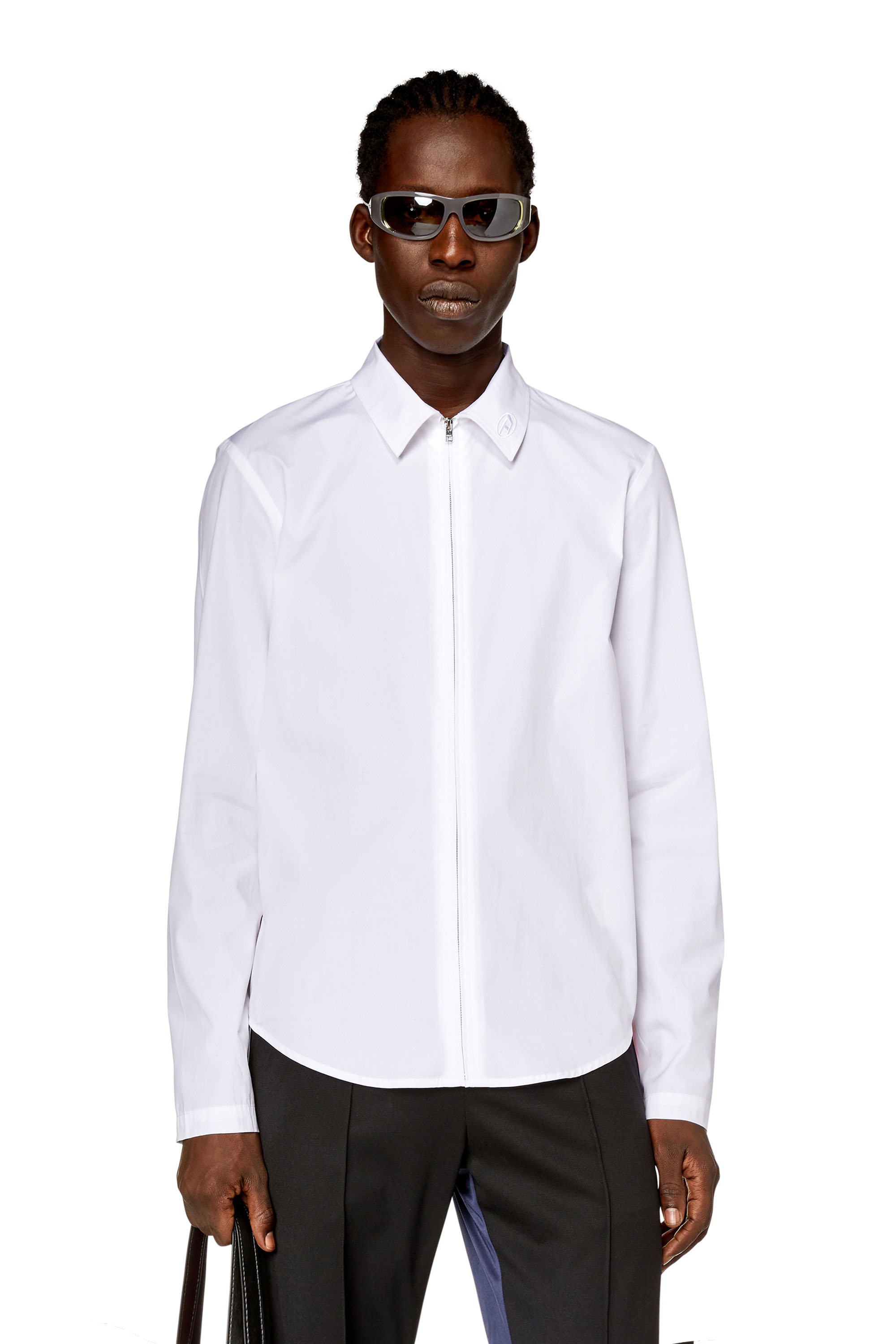 Diesel - S-STUCK, Man's Logo-embroidered zip shirt in White - 3