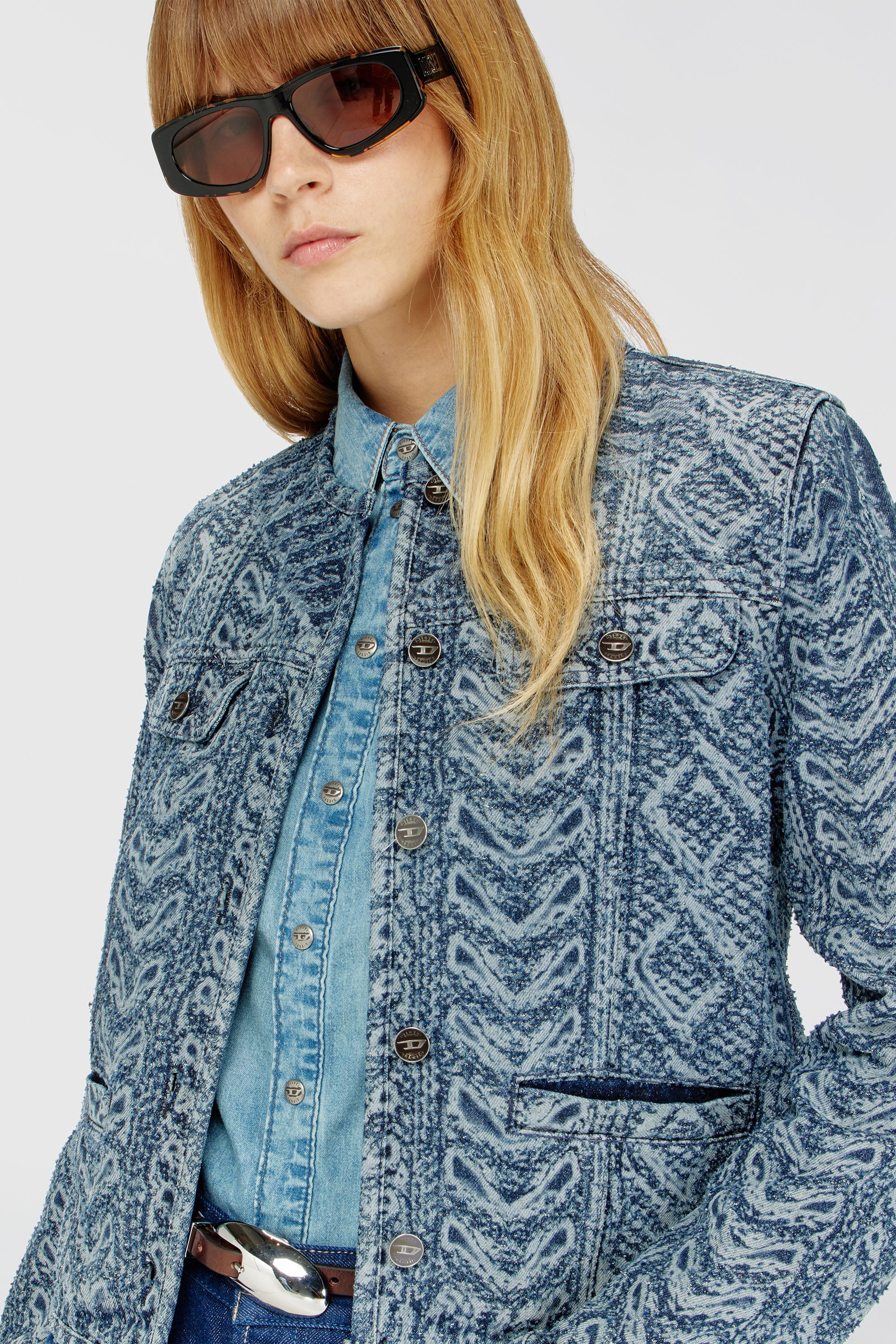 Diesel - DE-GRAFY-S2, Chaqueta sin cuello de denim con efecto punto trenzado Mujer in Azul marino - 4