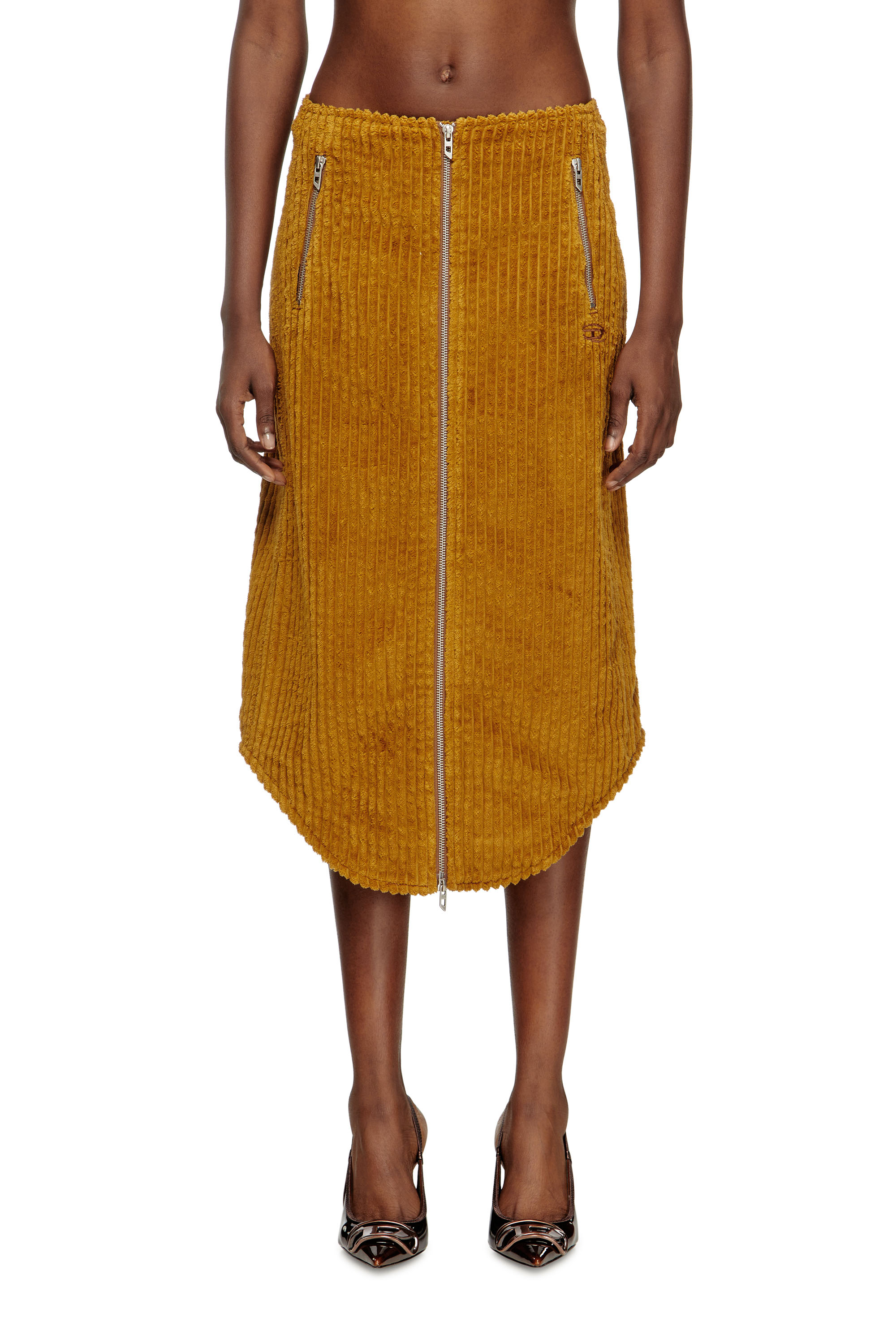 Diesel - O-LLIPOP, Jupe midi en coton avec zip Femme in Marron - 1