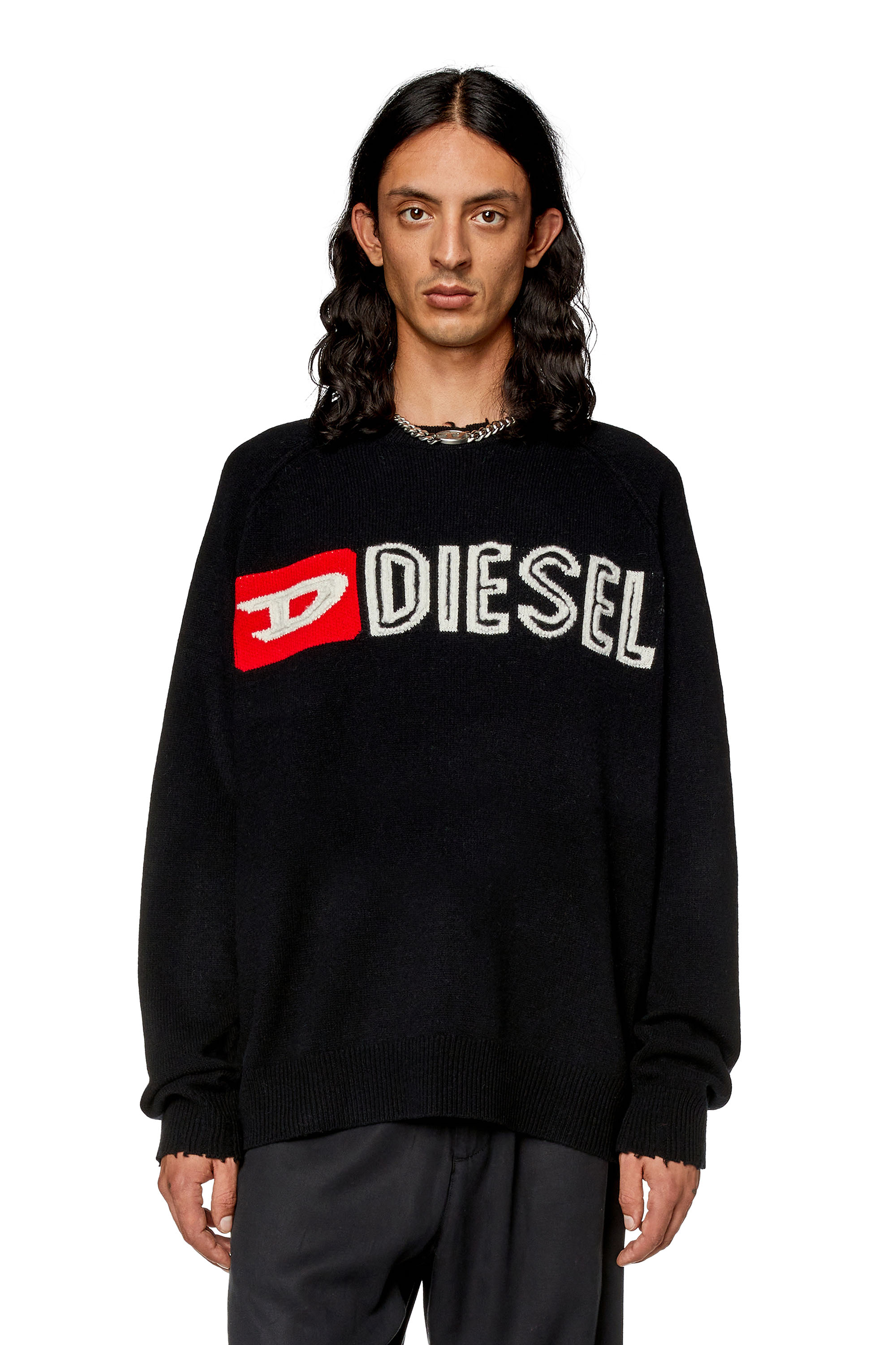 Men's Wool crewneck sweater with cut-up logo | Black | Diesel US