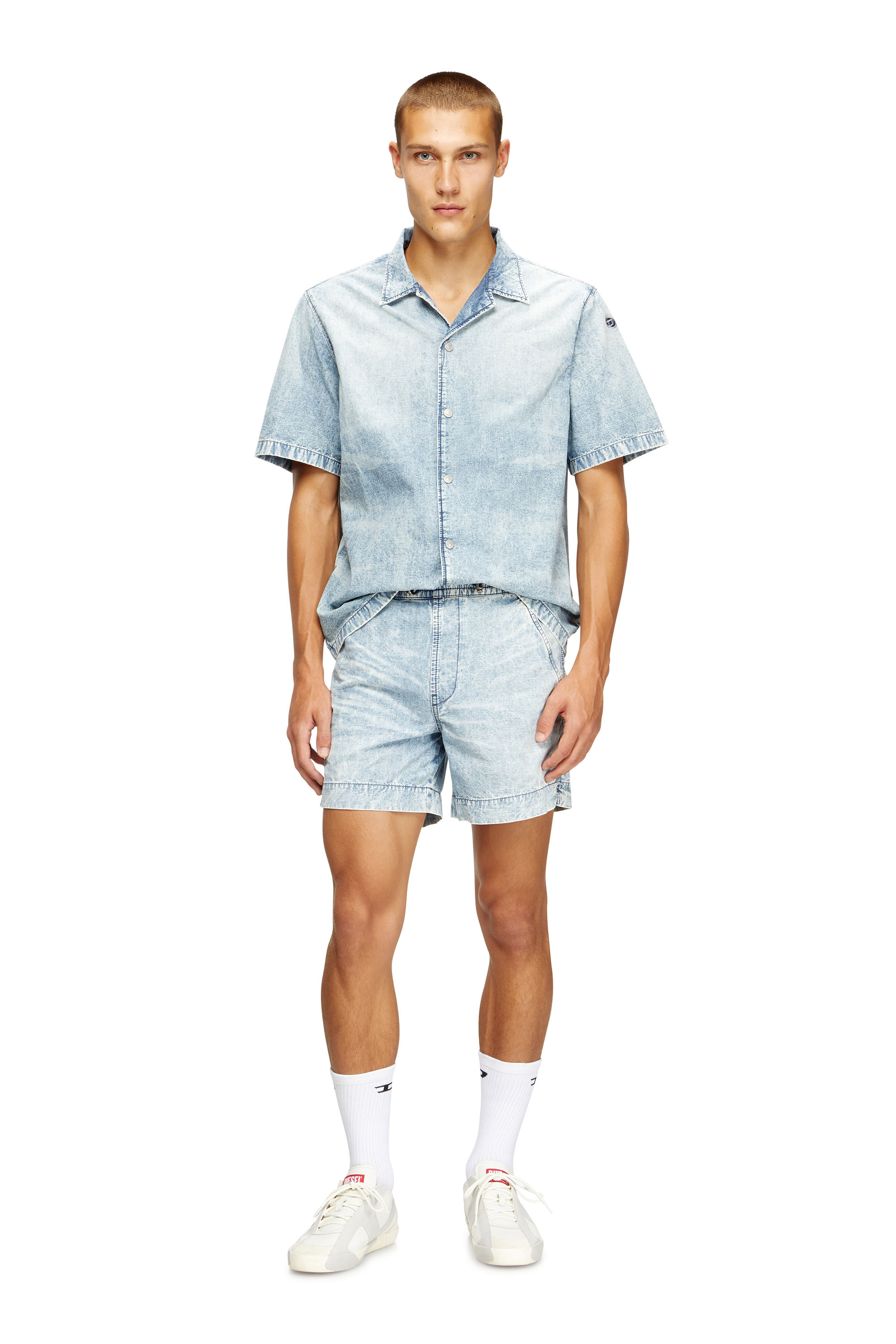 Diesel - D-NABIL-S4, Male's Bowling shirt in marbled denim in Light Blue - 1